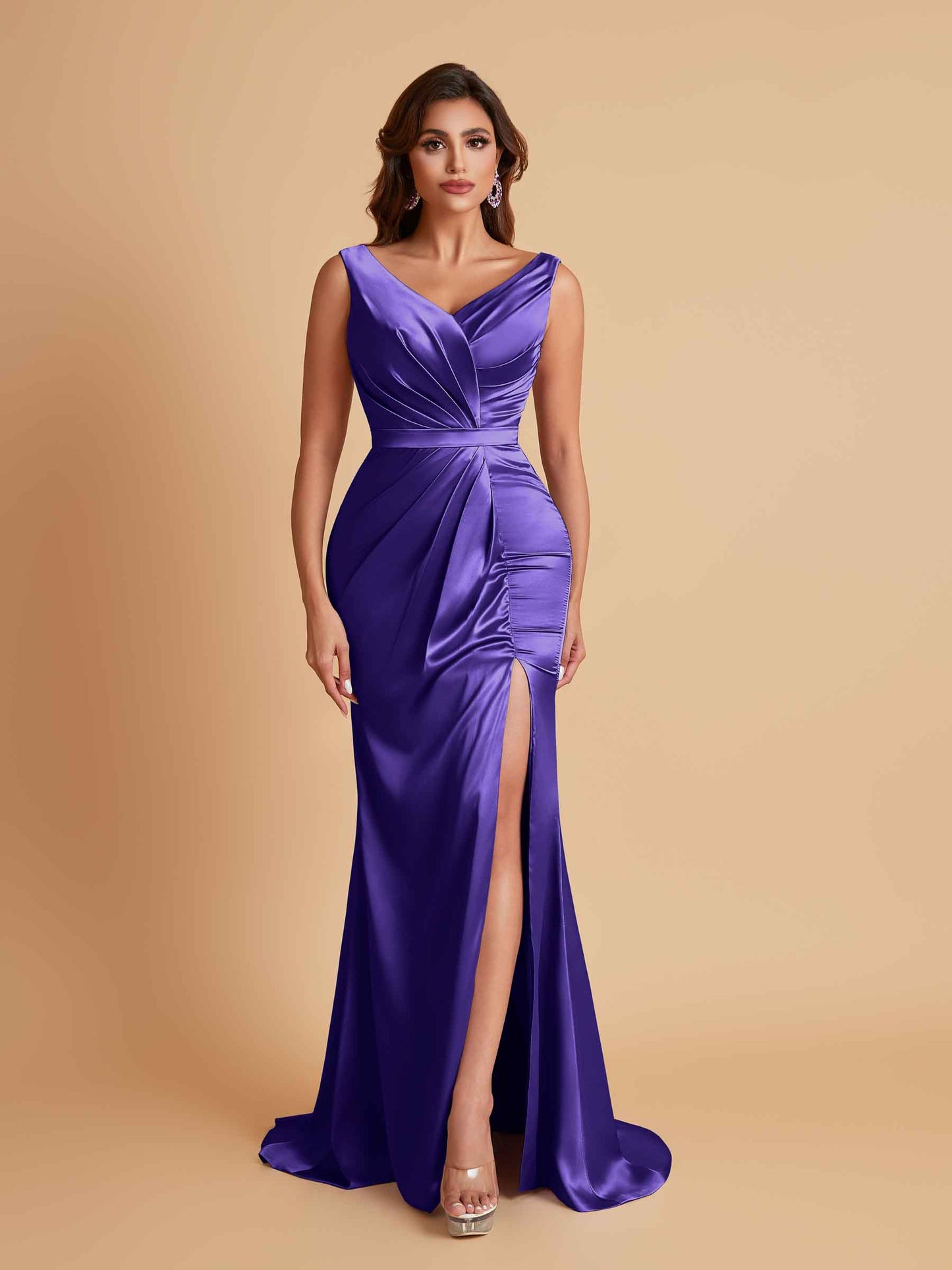 Elegant V Neck Soft Satin Side Slit Floor-Length Mermaid Bridesmaid Dresses