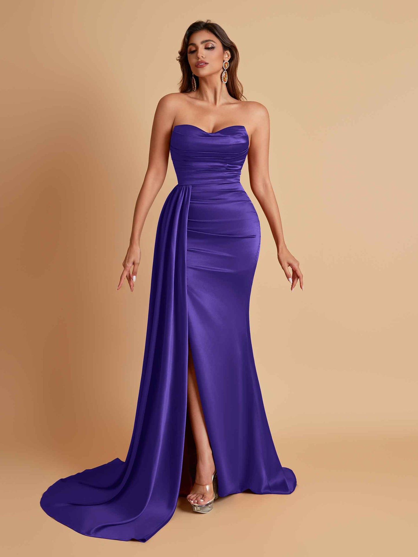 Elegant Soft Satin Sweetheart Strapless Side-Slit Mermaid Bridesmaid Dresses