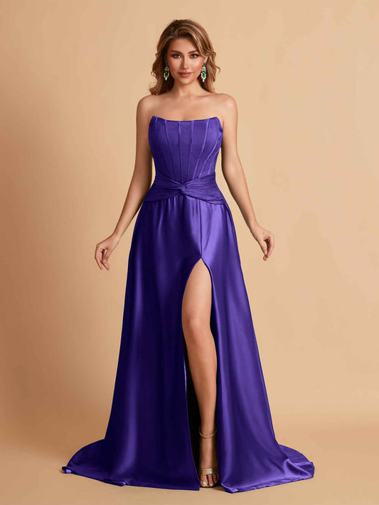 Elegant Satin Sweetheart A-Line Side Slit Floor Length Bridesmaid Dresses