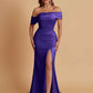 Elegant Soft Satin Mermaid Off Shoulder Asymmetrical Side Slit Floor-Length Bridesmaid Dresses