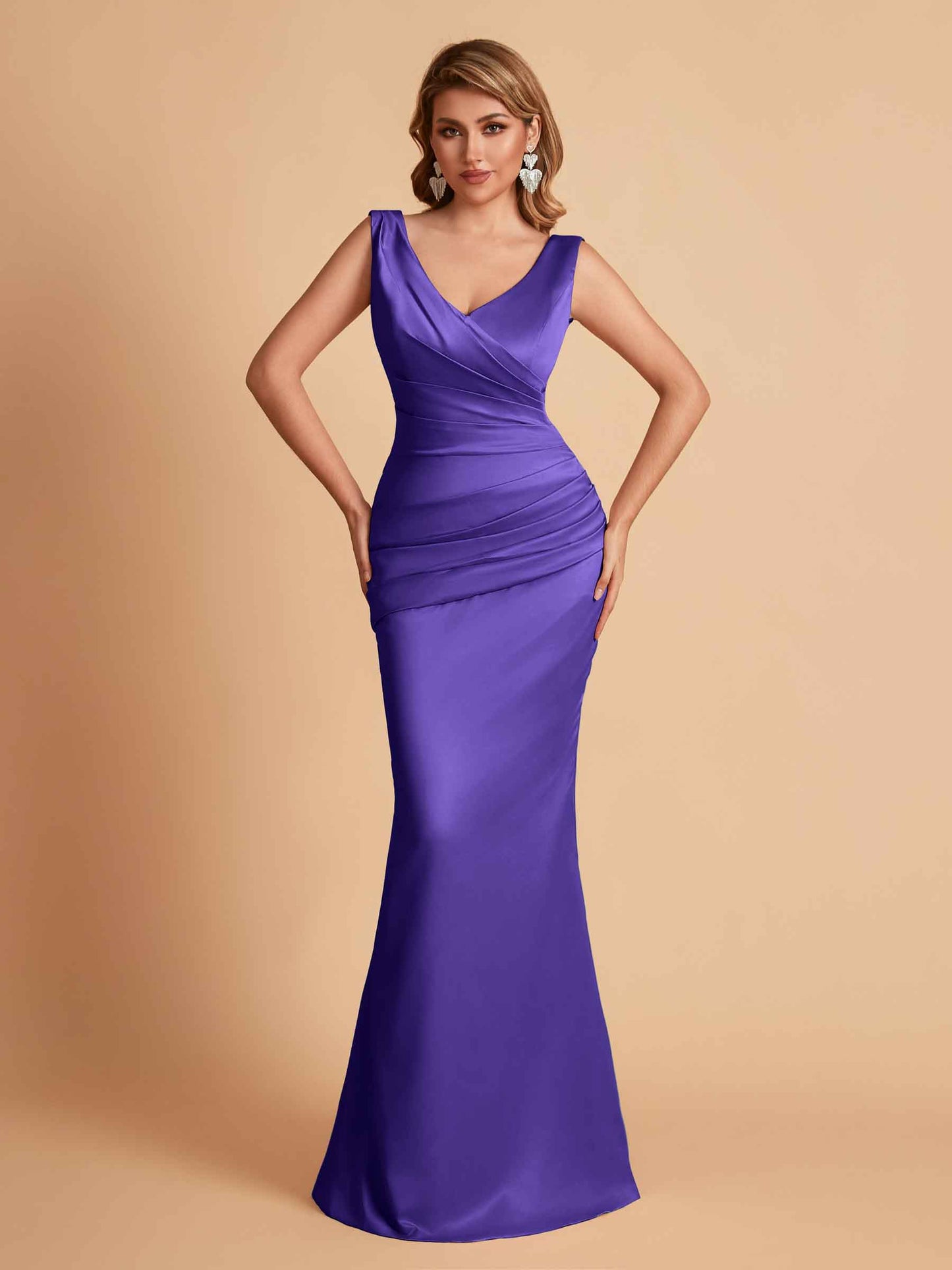 Elegant Satin V-neck Sleeveless Mermaid Floor Length Bridesmaid Dresses