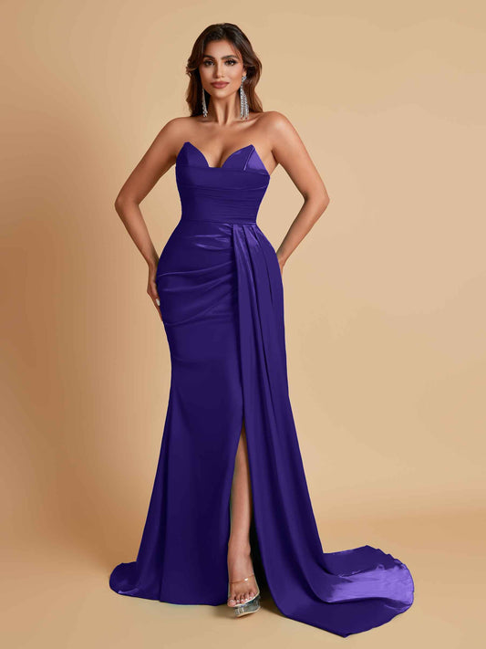 Gorgeous Strapless Soft Satin Side Slit Floor-Length Mermaid Bridesmaid Dresses