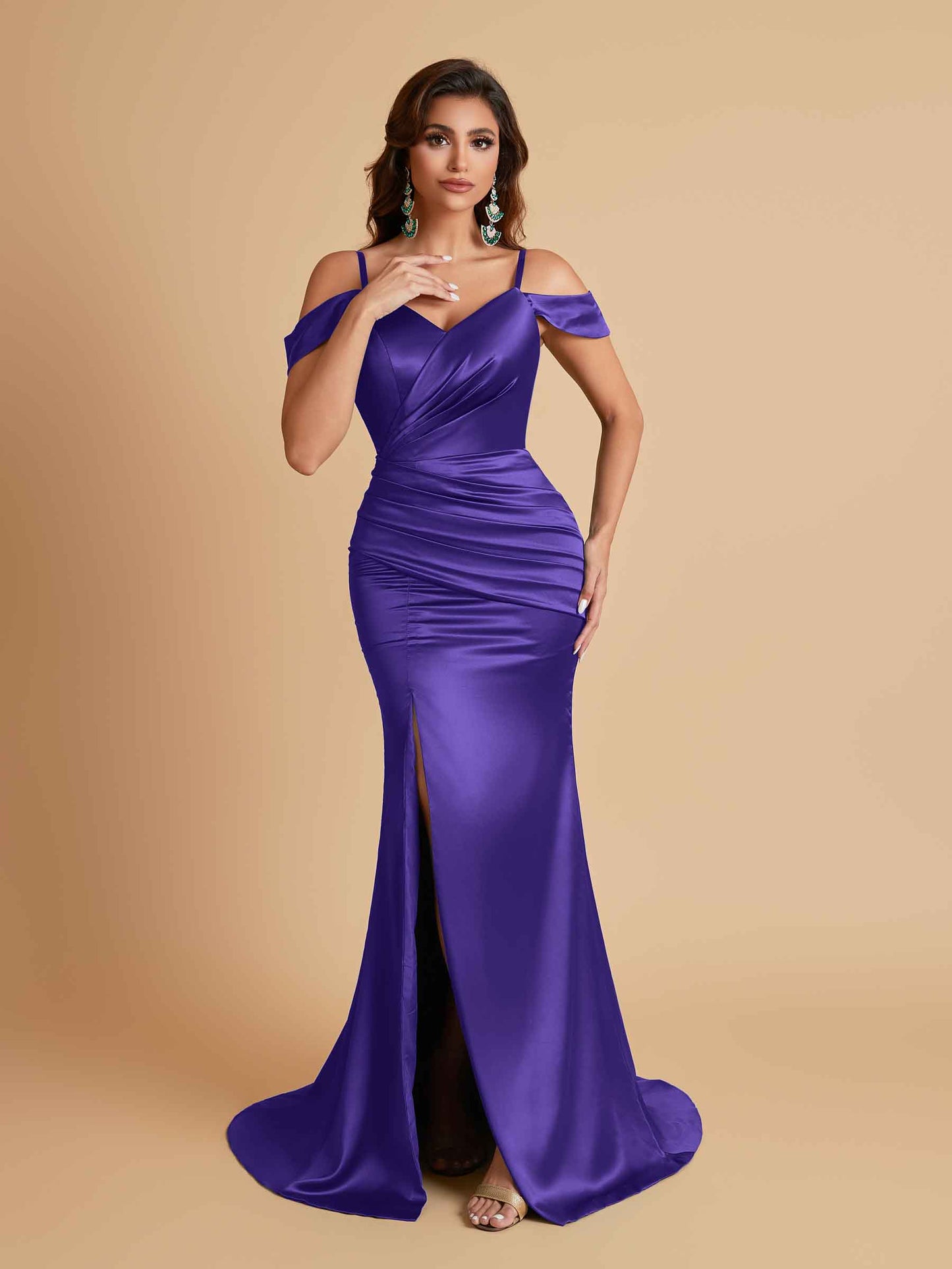 Sexy Soft Satin Mermaid Off Shoulder Side Slit Floor-Length Mermaid Bridesmaid Dresses