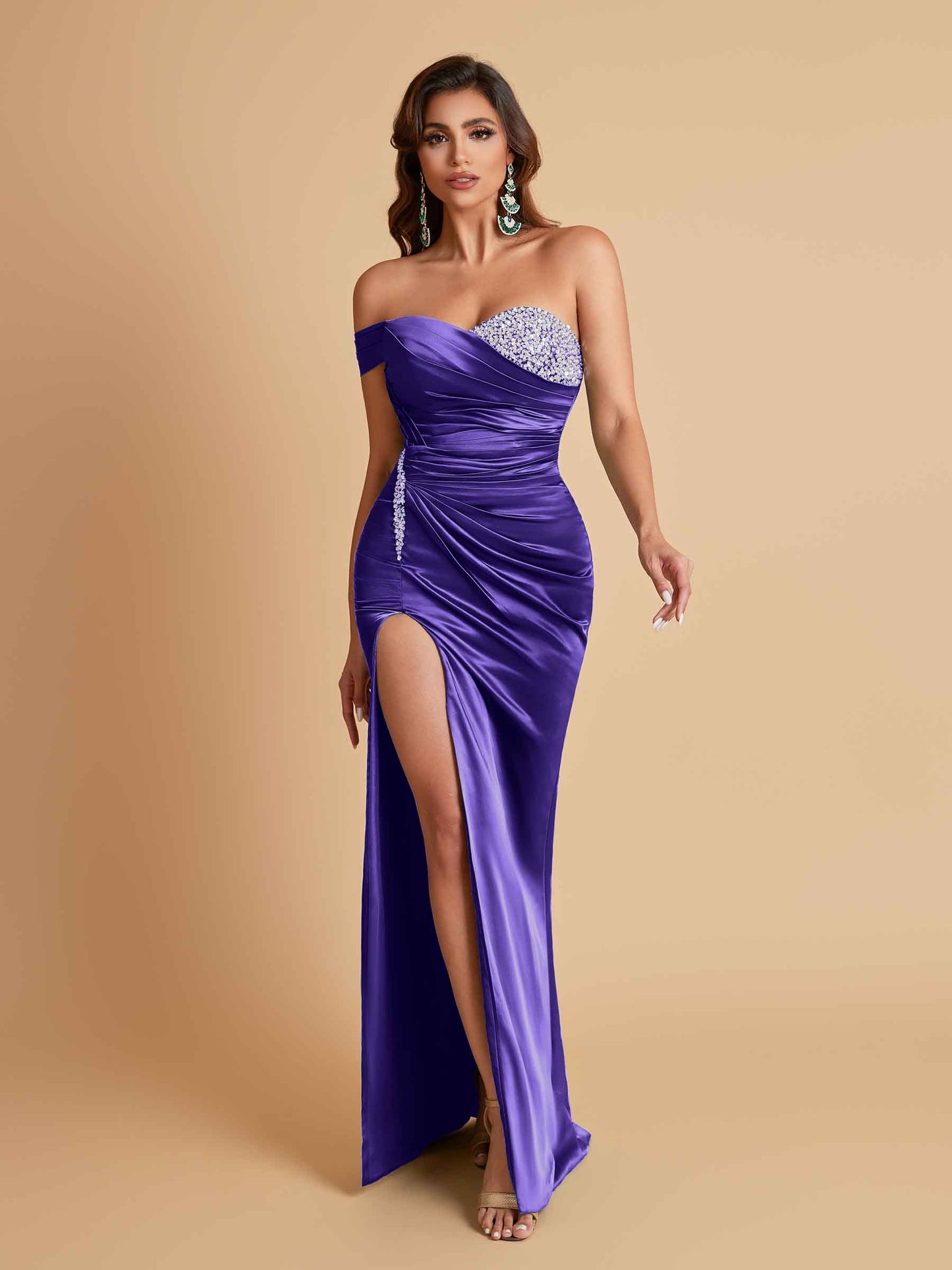 Sexy Soft Satin Mermaid One Shoulder Side Slit Floor-Length Mermaid Bridesmaid Dresses