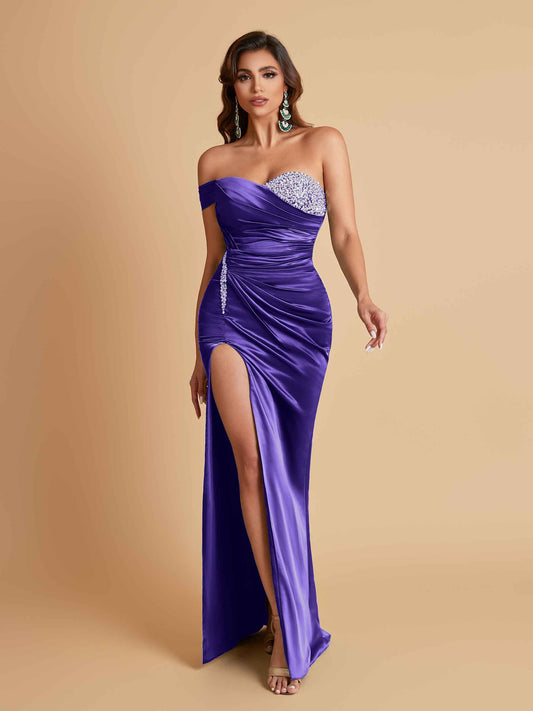 Sexy Soft Satin Mermaid One Shoulder Side Slit Floor-Length Mermaid Bridesmaid Dresses