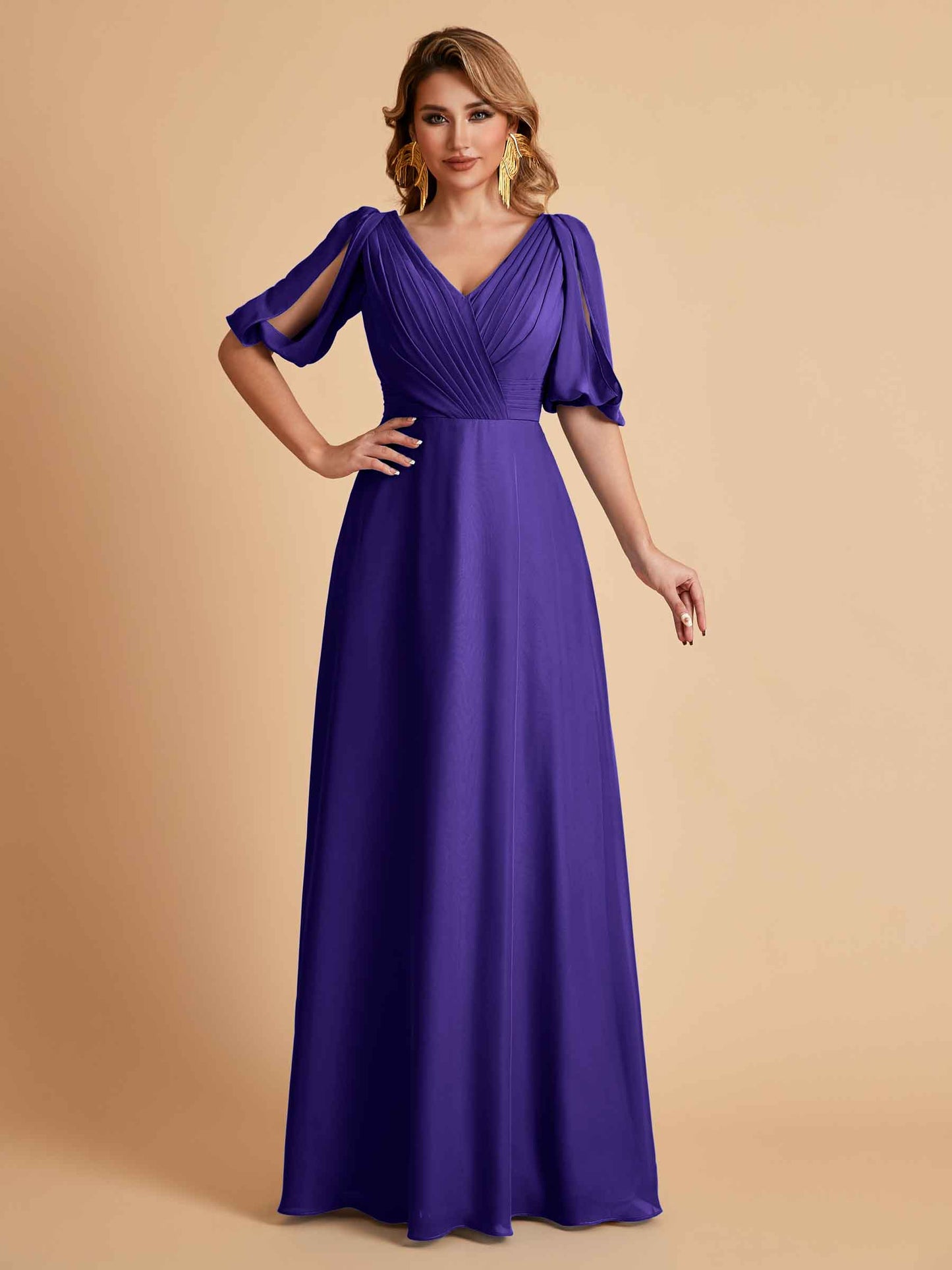 Elegant A-Line Chiffon Half Sleeves V-Neck Mother of the Brides Dresses Online