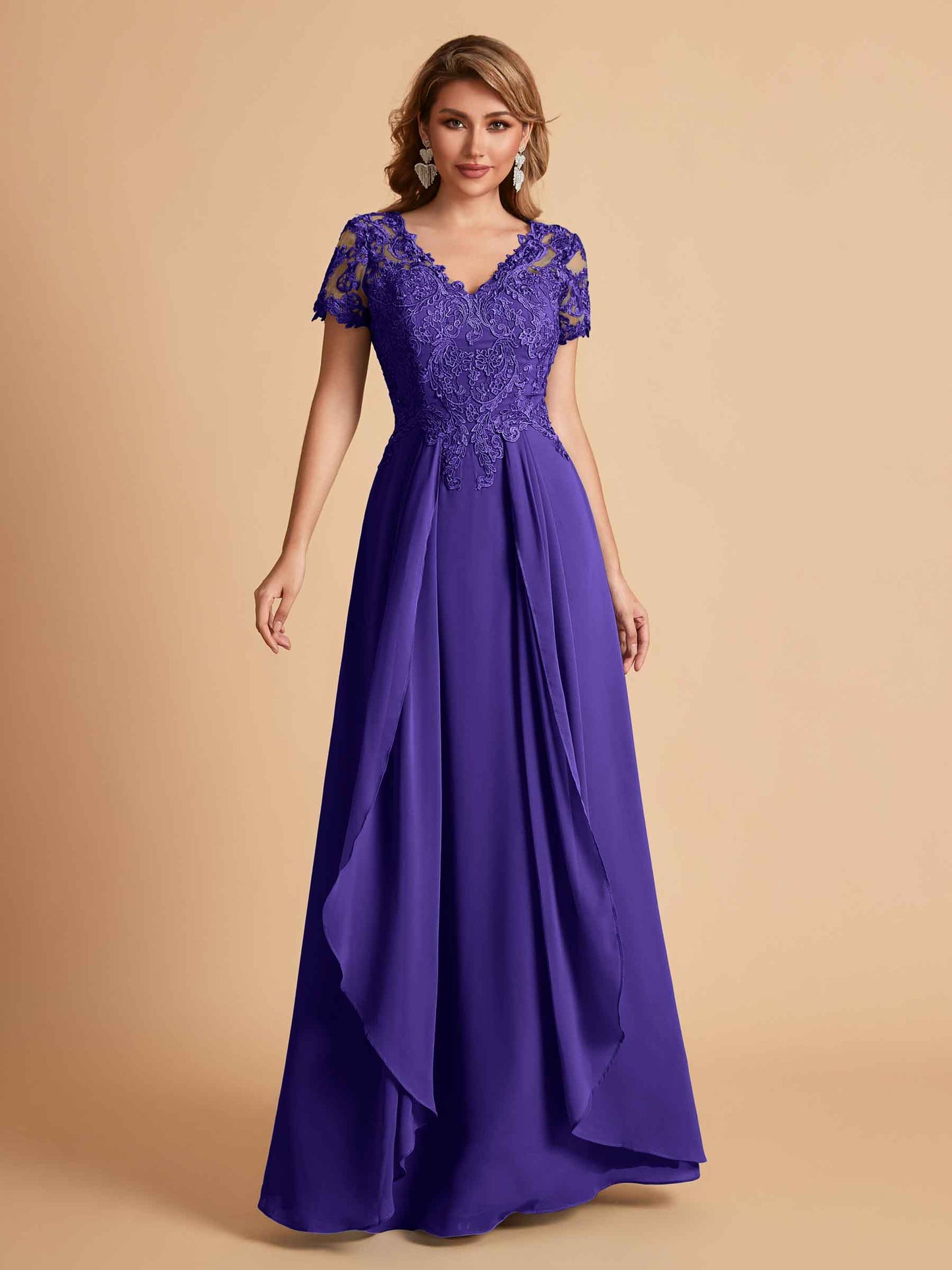 Elegant A-Line Chiffon Short Sleeves V-neck Mother of the Brides Dresses Lace Top MOB Dresses