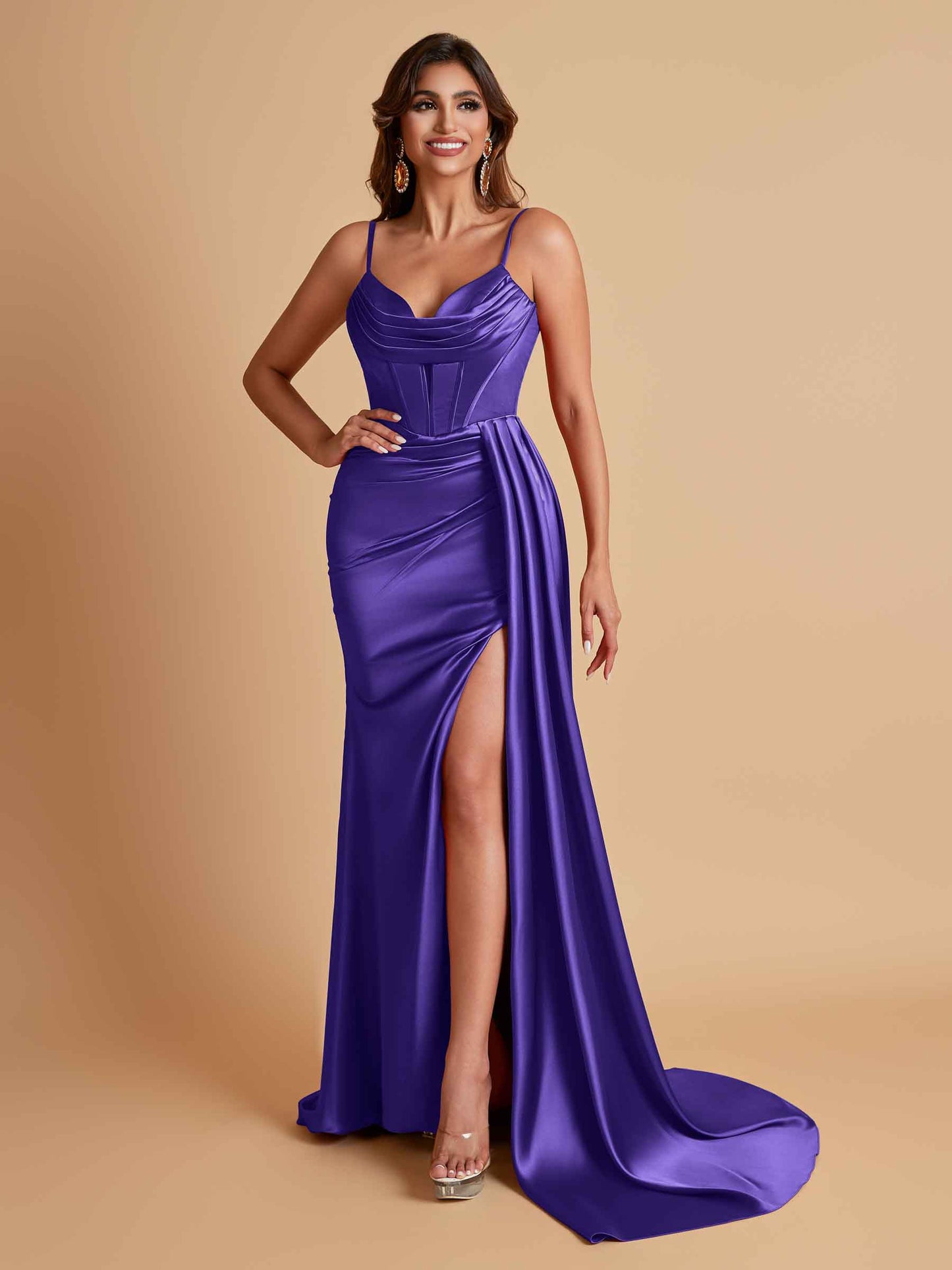 Sexy Soft Satin V-neck Spaghetti Strap Side-Slit Mermaid Bridesmaid Dresses