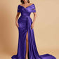 Elegant Soft Satin V-neck Off-the-Shoulder Side-Slit Mermaid Bridesmaid Dresses