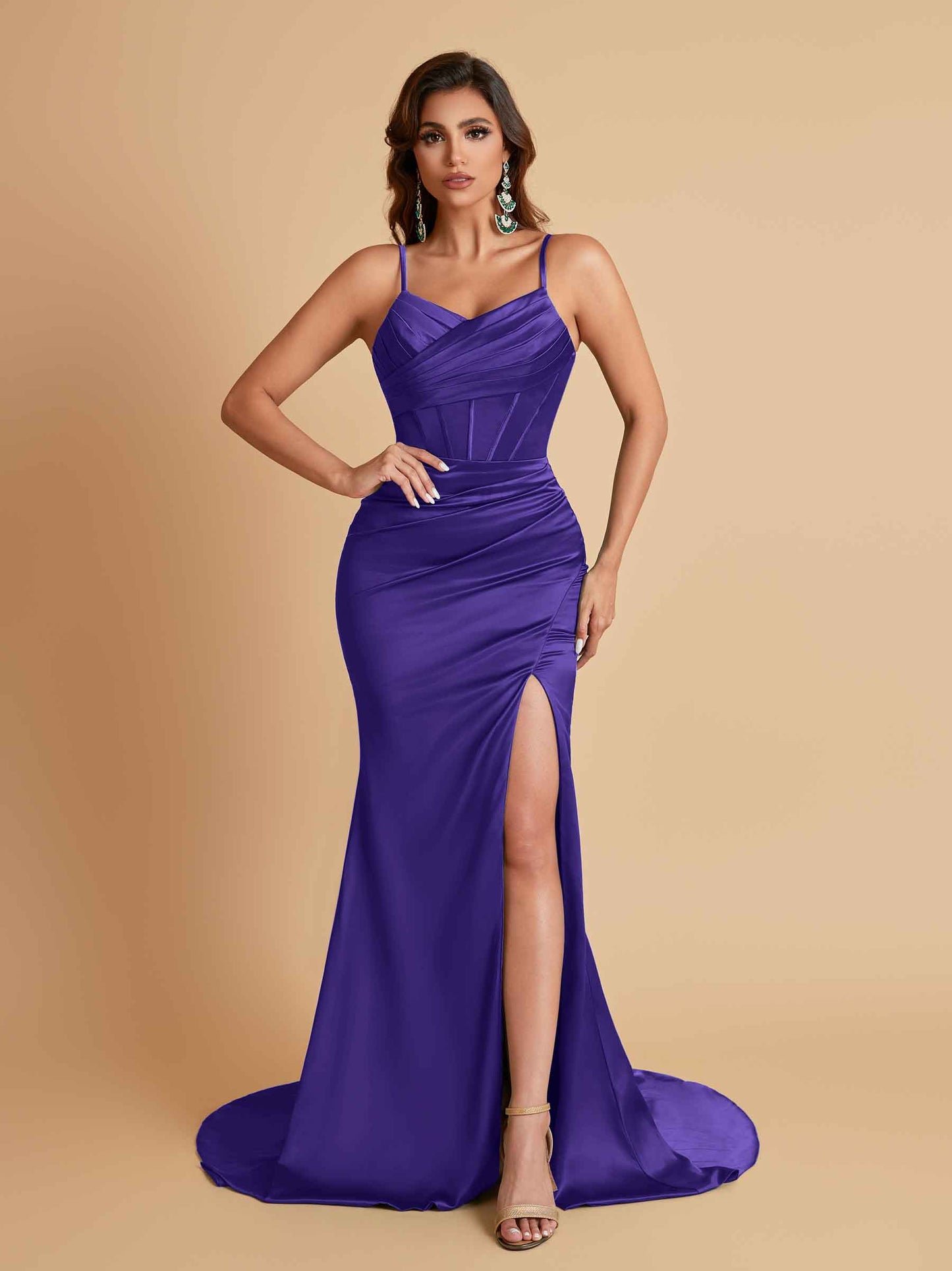 Sexy Spaghetti Straps V Neck Soft Satin Side Slit Floor-Length Mermaid Bridesmaid Dresses