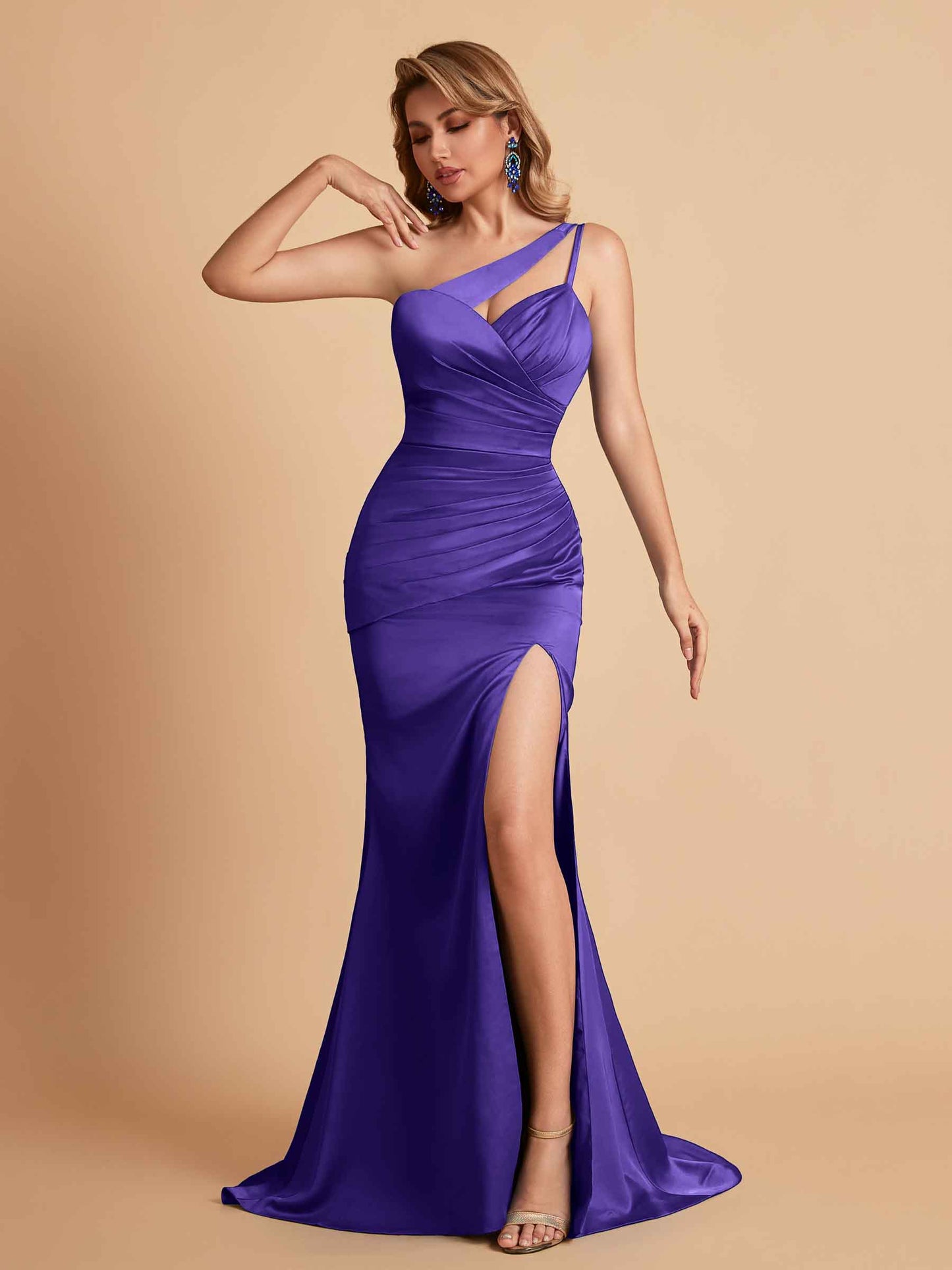 Elegant Satin One Shoulder Mermaid Side Slit Floor Length Bridesmaid Dresses