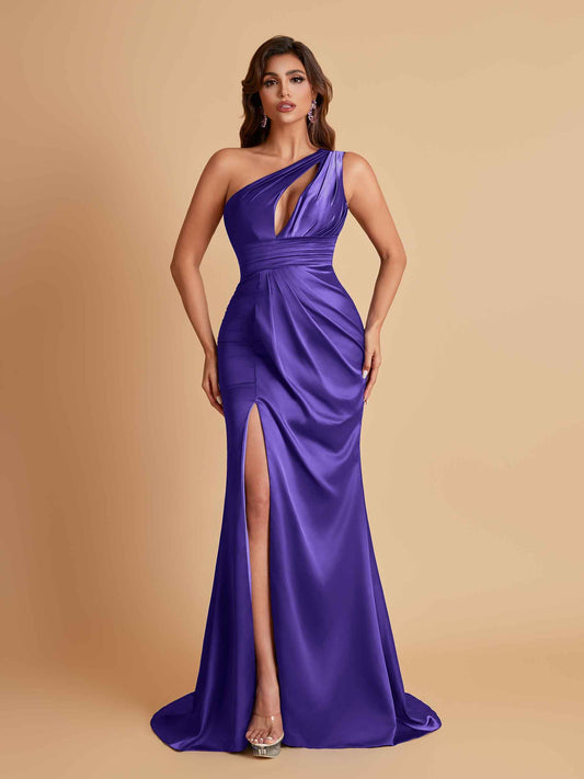 Sexy One Shoulder Soft Satin Side Slit Floor-Length Mermaid Bridesmaid Dresses