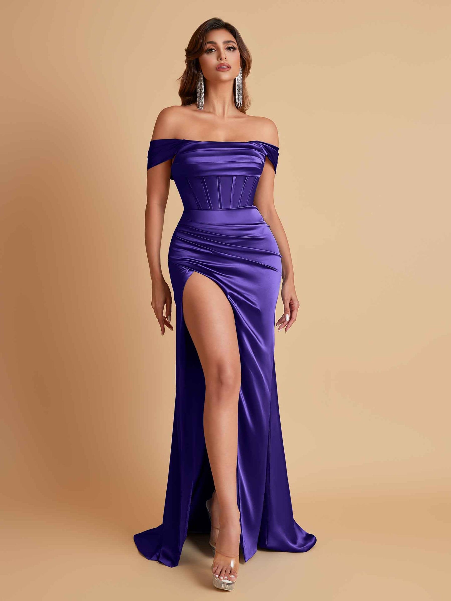 Sexy Off the Shoulder Soft Satin Side Slit Floor-Length Mermaid Bridesmaid Dresses