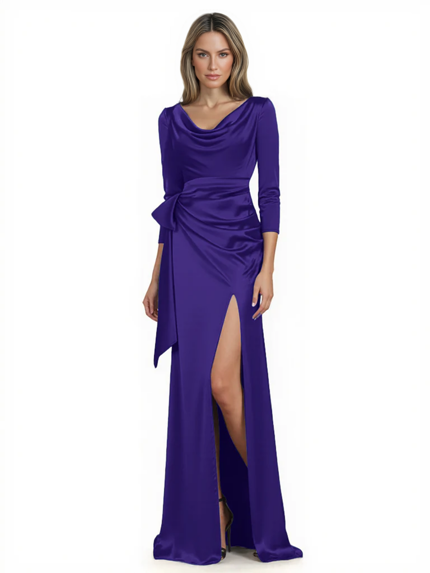 Elegant Evening Gowns Slit Trending Styles Satin Slit Formal Dress Cowl Neckline Gown Tie
