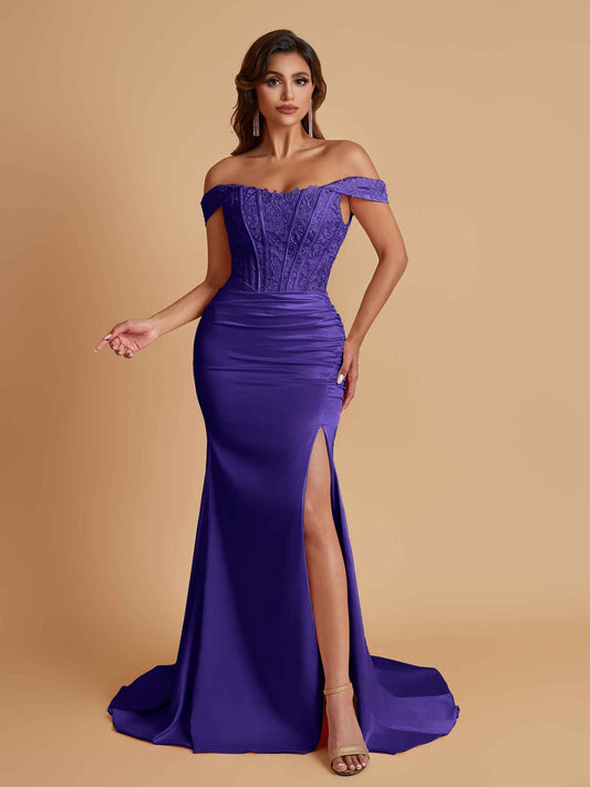 Elegant Soft Satin Mermaid Off Shoulder Side Slit Floor-Length Mermaid Bridesmaid Dresses
