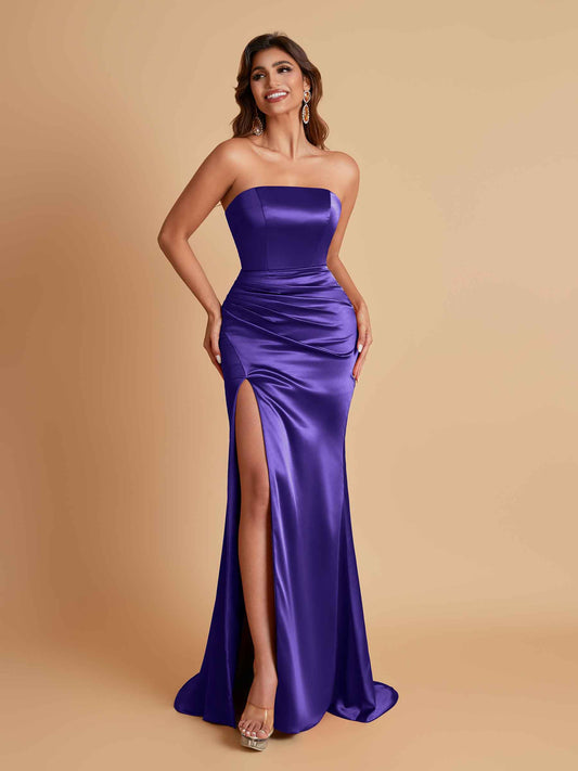Elegant Soft Satin Strapless Split Side Mermaid Bridesmaid Dresses