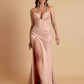 Stunning V Neck Soft Satin Side Slit Floor-Length Mermaid Bridesmaid Dresses