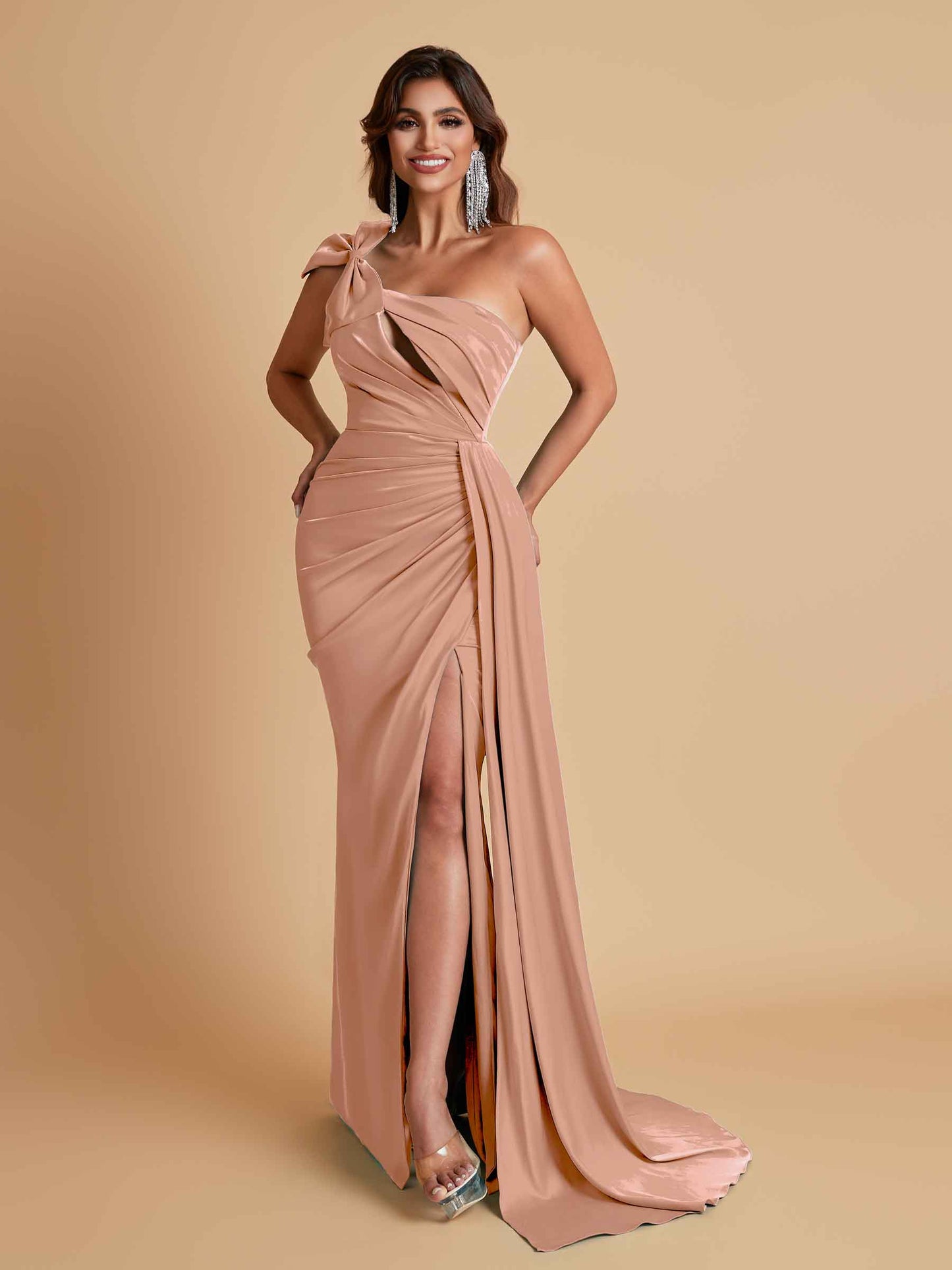 Gorgeous One Shoulder Bow Knot Soft Satin Side Slit Floor-Length Mermaid Bridesmaid Dresses