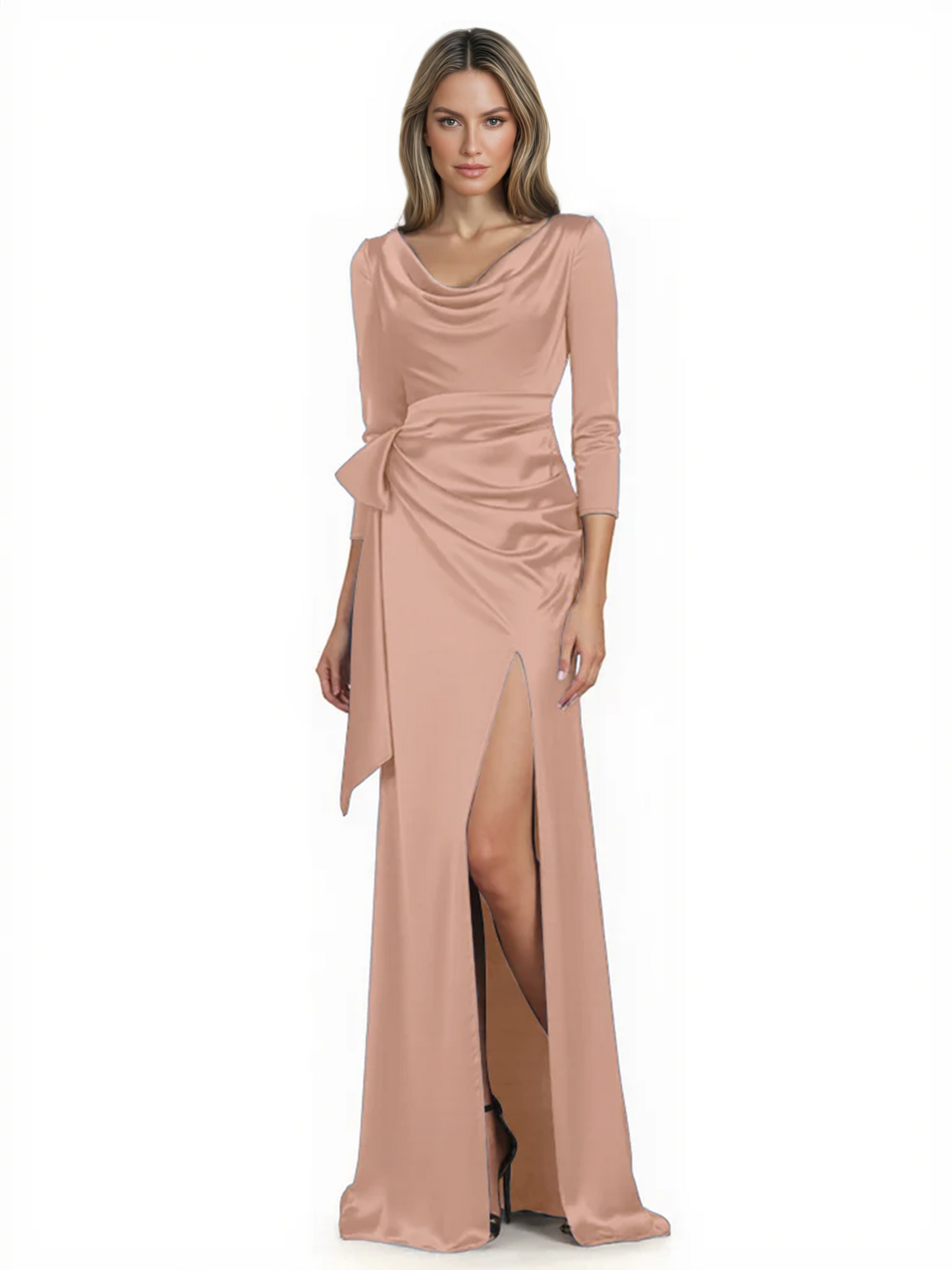 Elegant Evening Gowns Slit Trending Styles Satin Slit Formal Dress Cowl Neckline Gown Tie