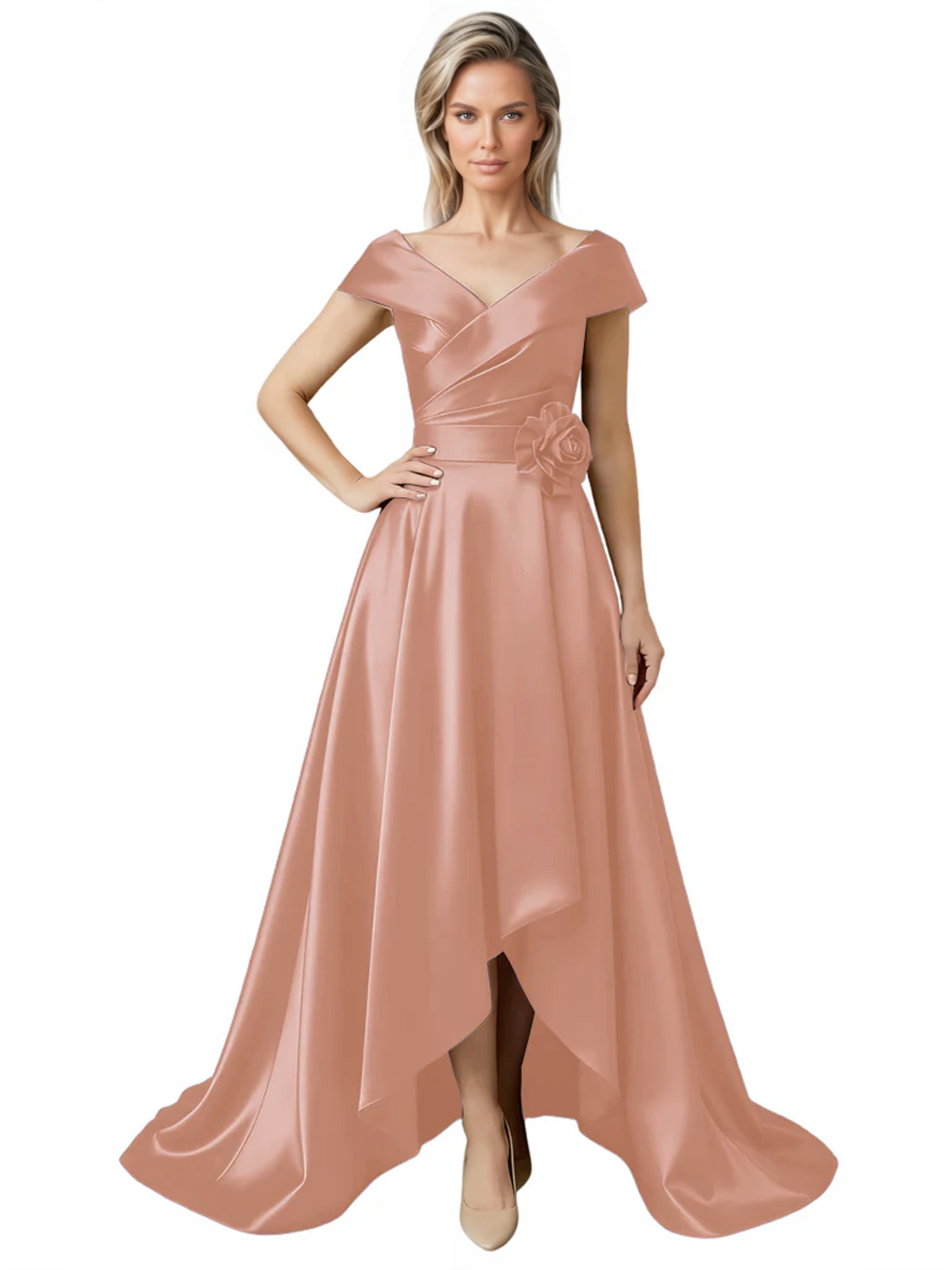 Off Shoulder Mother of the Bride Dress High-Low Satin Gown with Portrait Neckline