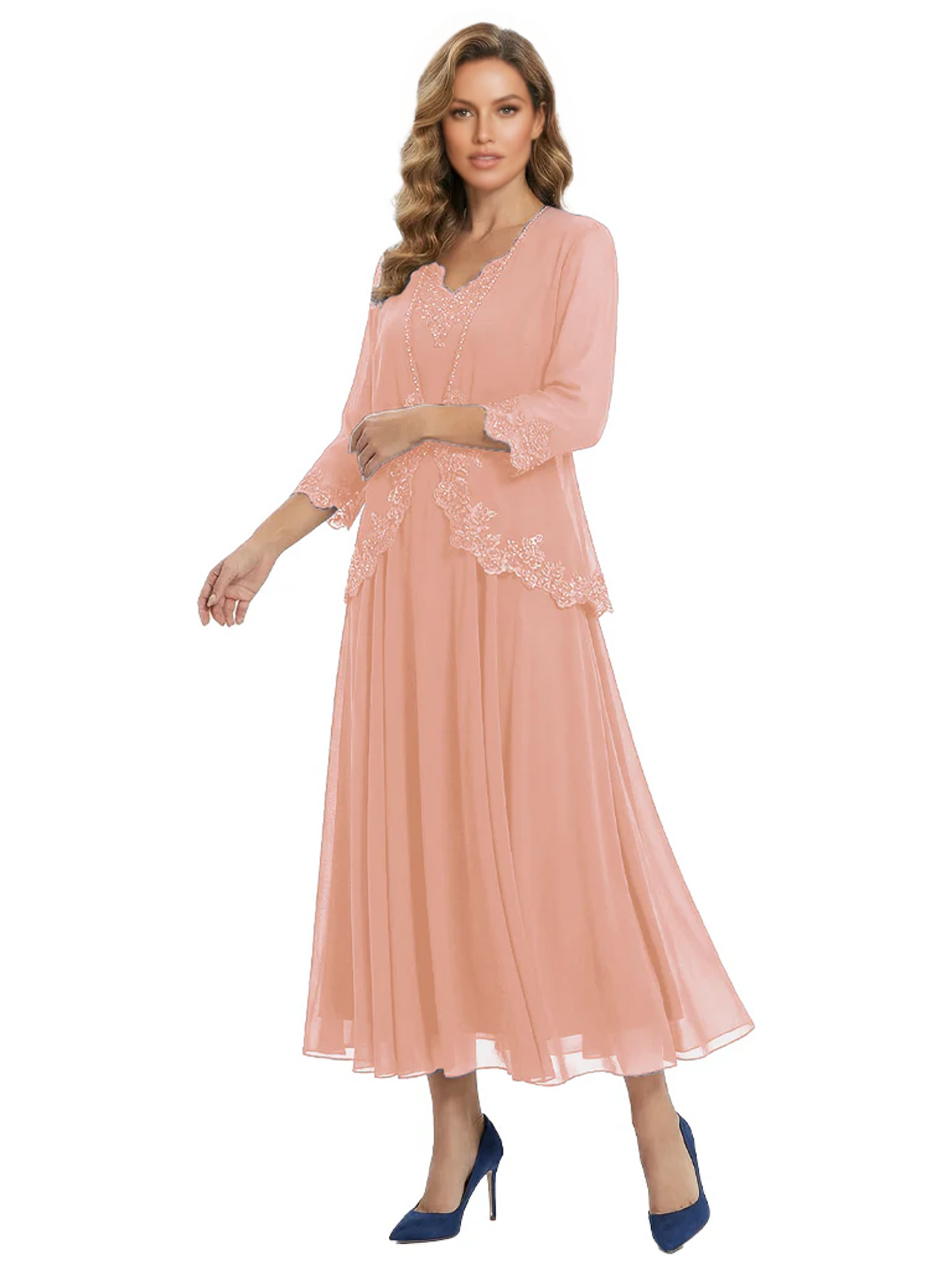 3/4 Sleeve Chiffon Mother of the Brides Dresses V-Neck Wedding Party Gowns
