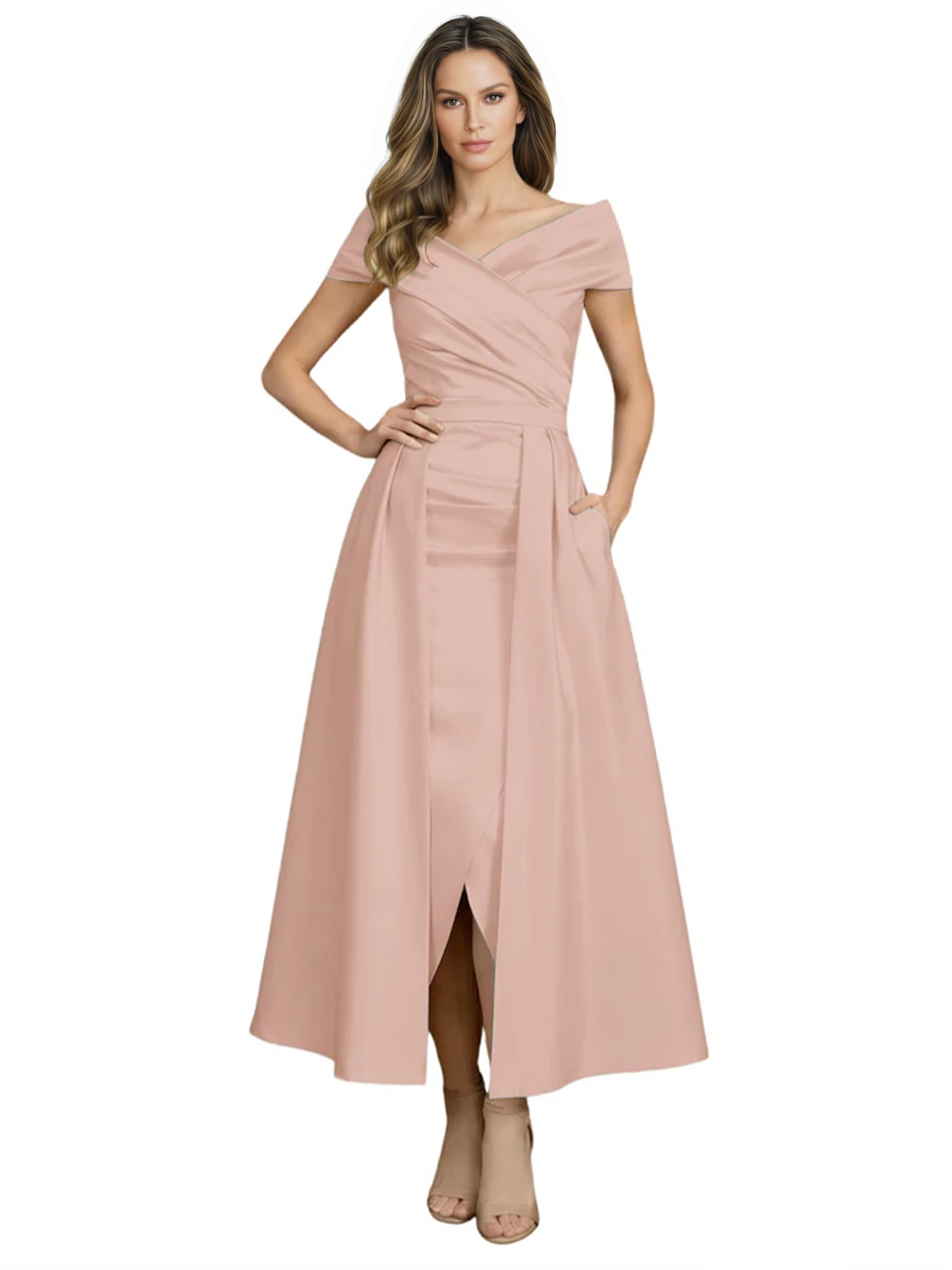Formal Floor-Length Mother of the Bride Gown Satin Maxi Dress with Slit Off Shoulder