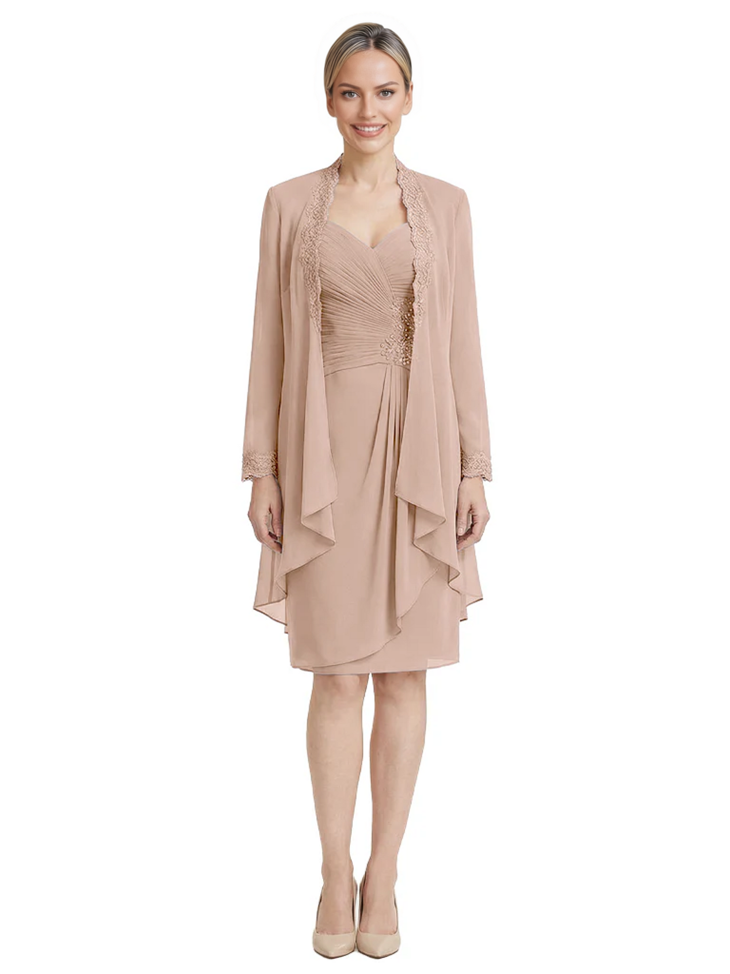 2PCS Knee Length Chiffon Mother of the Brides Dresses Short V-Neck