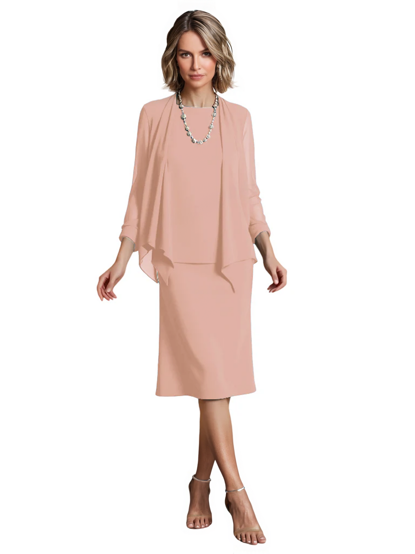 3 PCS Knee-Length Mother of Bride Dresses Prom Dress Evening Dress with Sheer Sleeves and Jacket