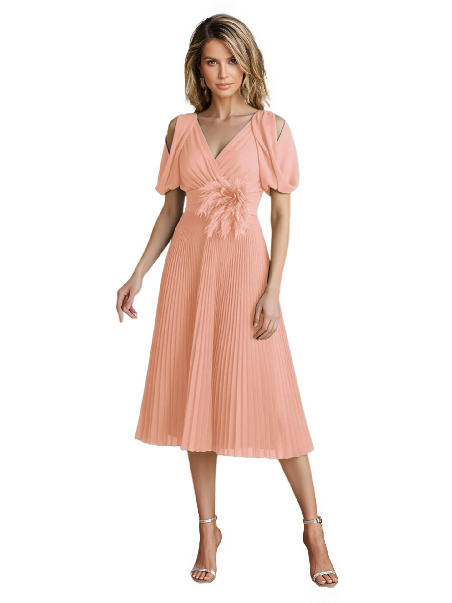 Wedding Formal Dress V-Neck Pleated Chiffon Gown with 3D Flower Accent Knee Length