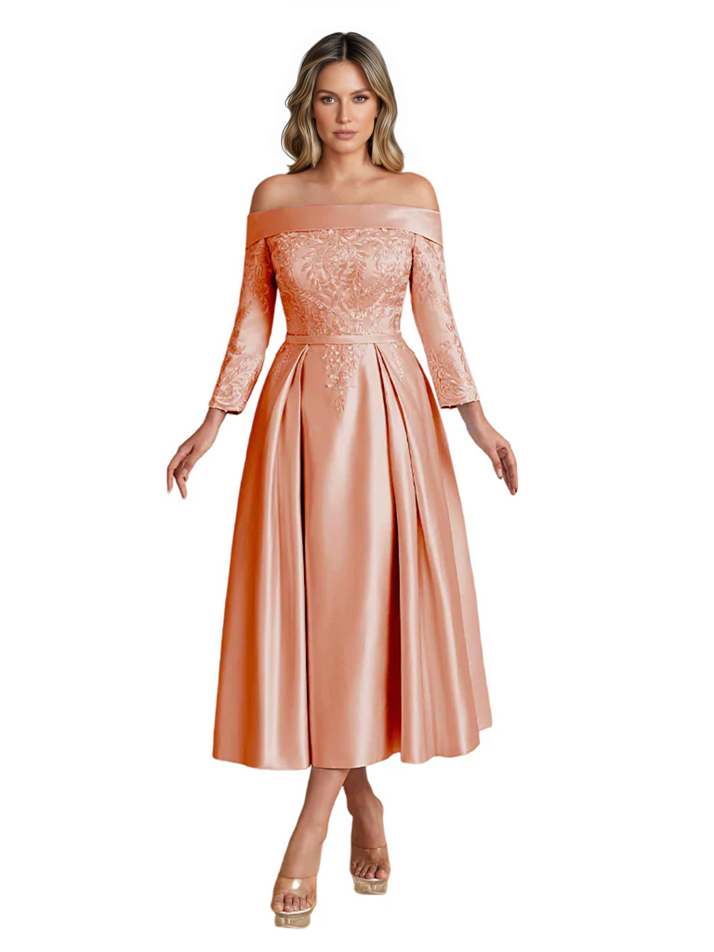 Off Shoulder Mother of the Bride Dress Tea-Length Satin Gown with Lace Applique