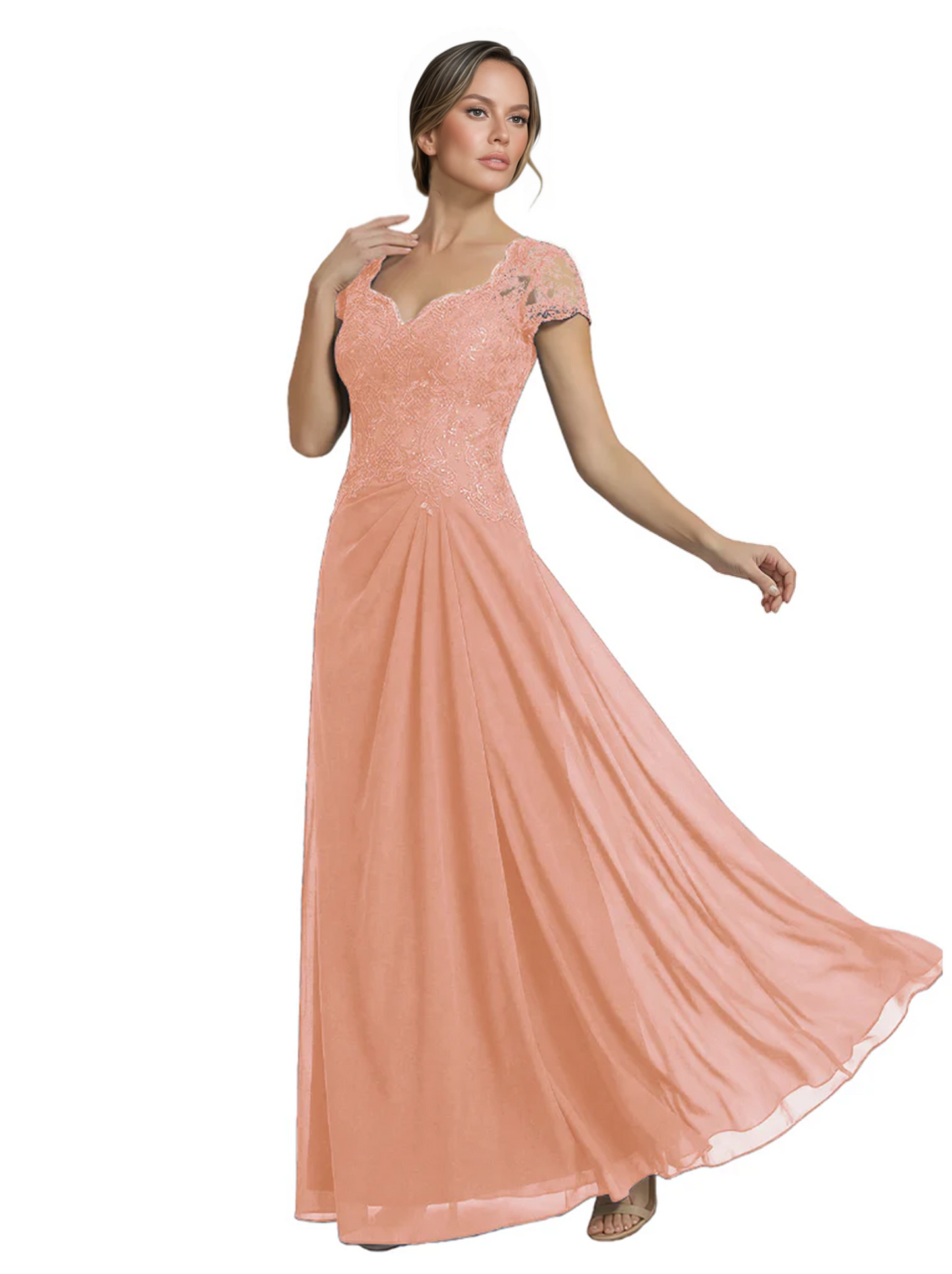 Long A-line Chiffon Short Sleeves Mother of the Brides Dresses Lace Wedding
