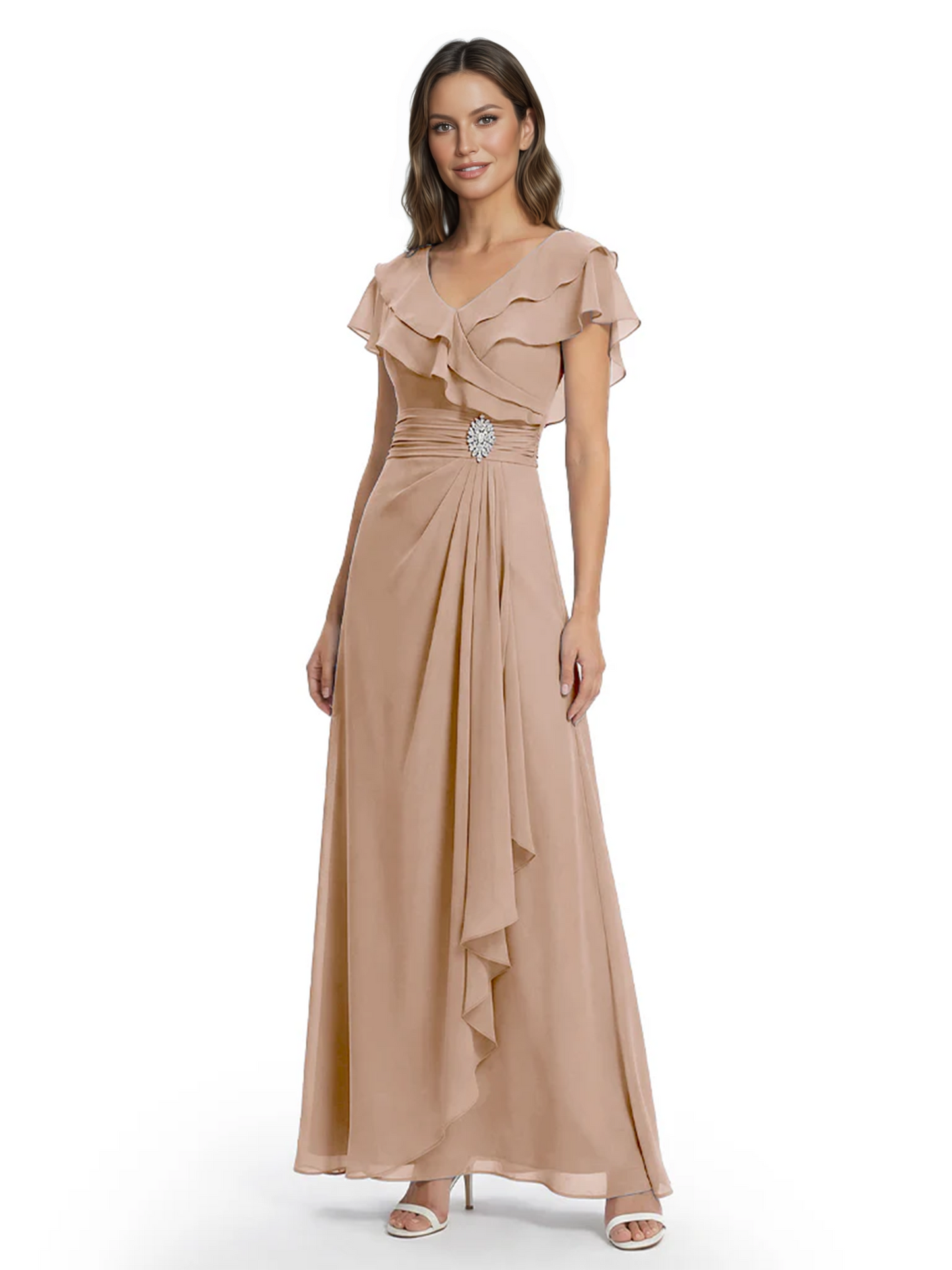 Elegant Mother of the Groom Dress Cascading Ruffle Chiffon Formal Gown Rhinestone