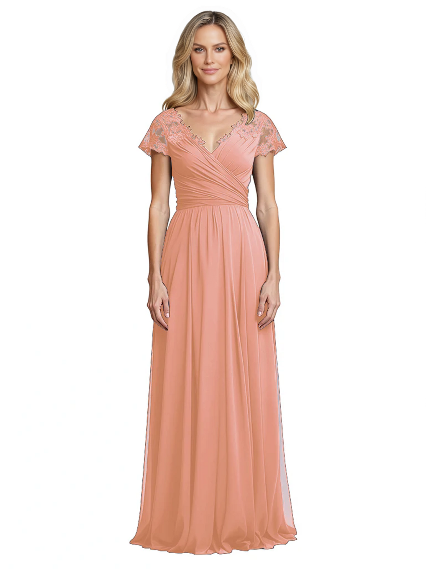Mother of the Bride Dress Cap Sleeves and V-Neckline with Embroidered Lace Shoulders