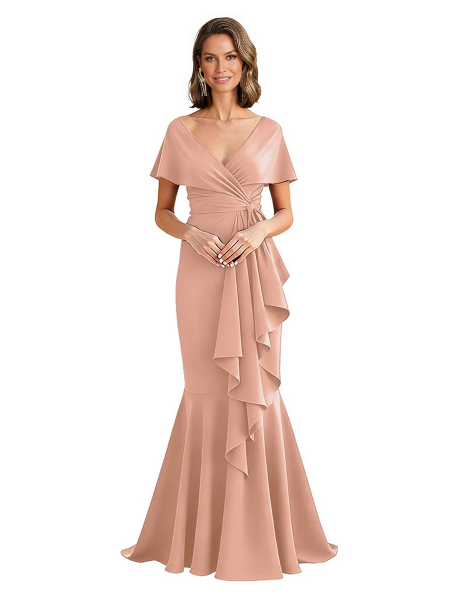 Satin Mother of the Bride Dress with Cascading Ruffles and Mermaid Tail V-Neck