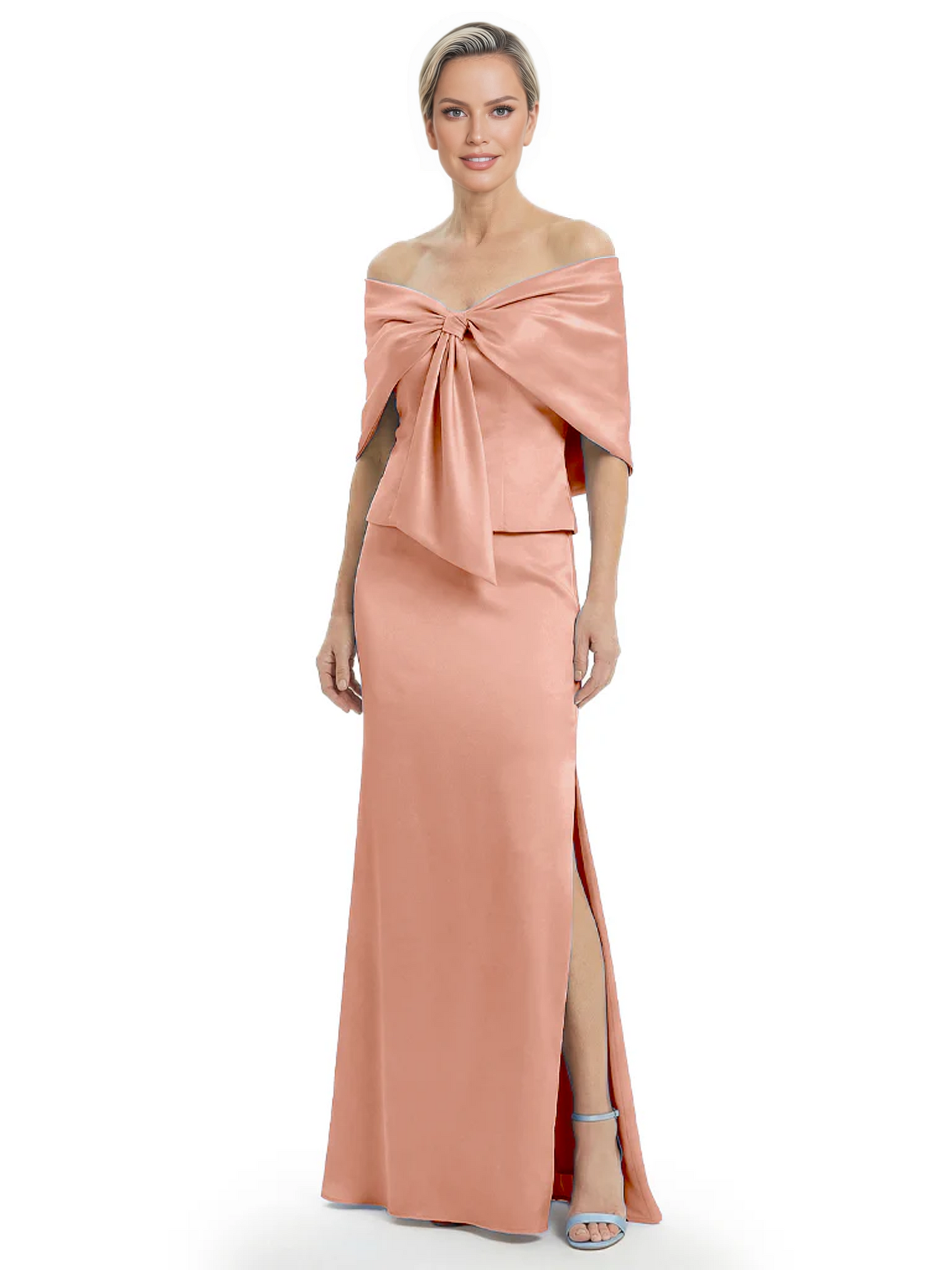 Formal Floor-Length Mother of the Bride Gown Satin Maxi Dress with Bow Neckline