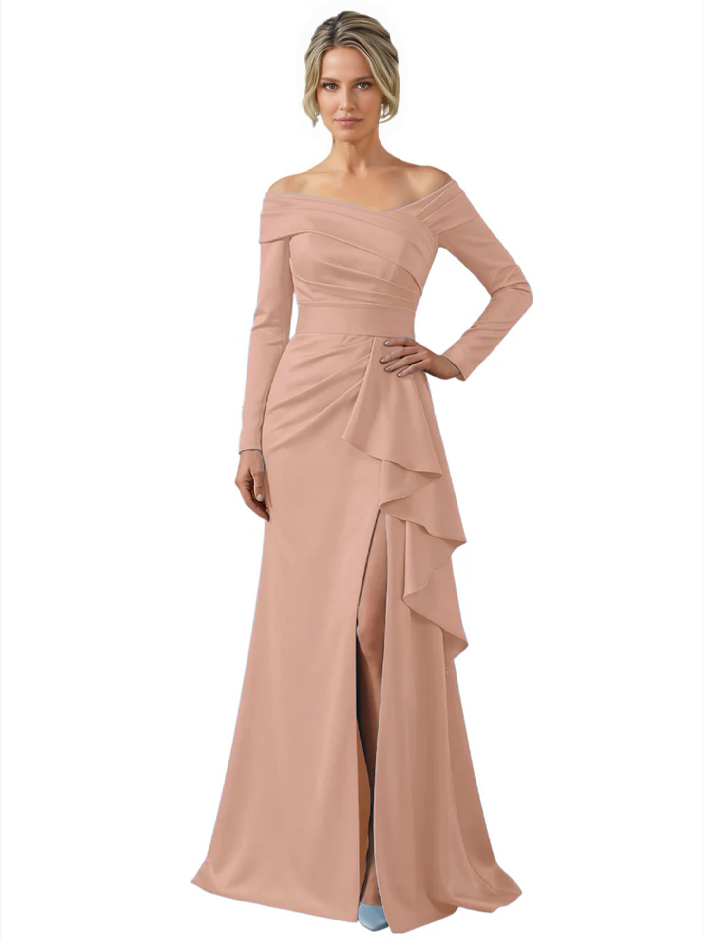 Elegant Mother of the Groom Dress Cascading Ruffle Satin Gown with High Slit Long Sleeves
