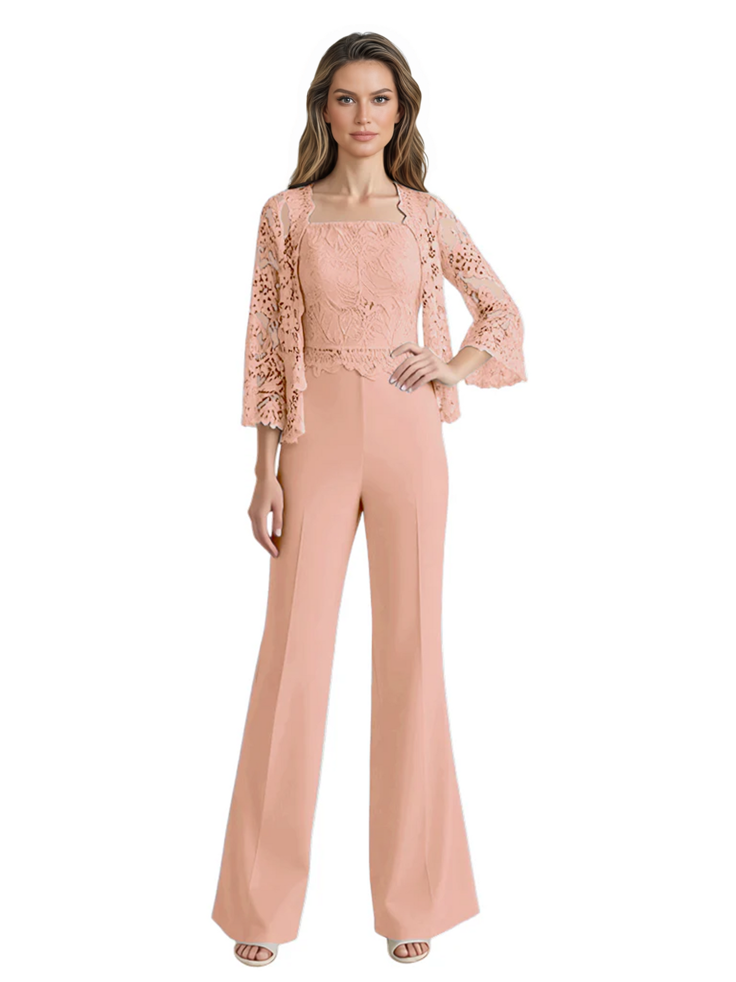 Mother of the Bride Jumpsuit with Lace Jacket 3/4 Sleeve Formal Pant Suit