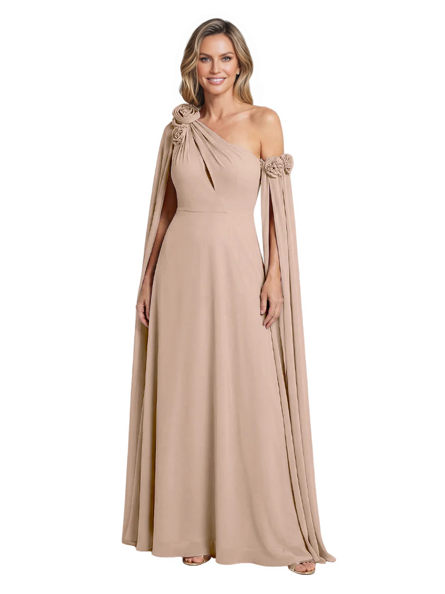 One Shoulder Mother of the Bride Dress Asymmetrical Cape Sleeve Gown with Floral