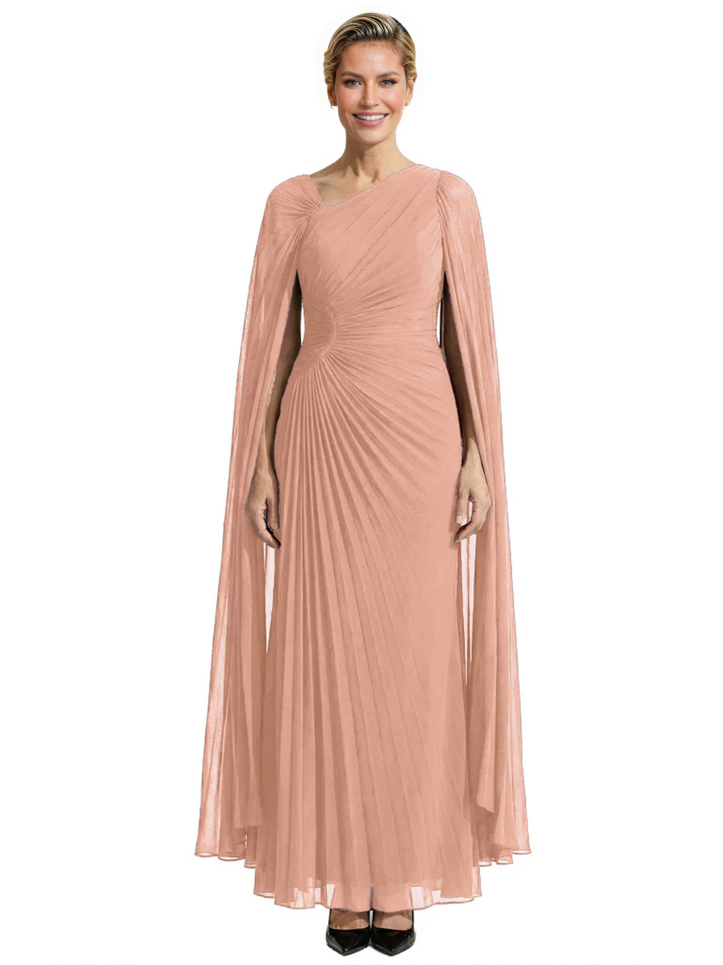 Elegant Asymmetric Neck Long A-Line Chiffon Mother of the Brides Dresses Mom Outfit with Cape
