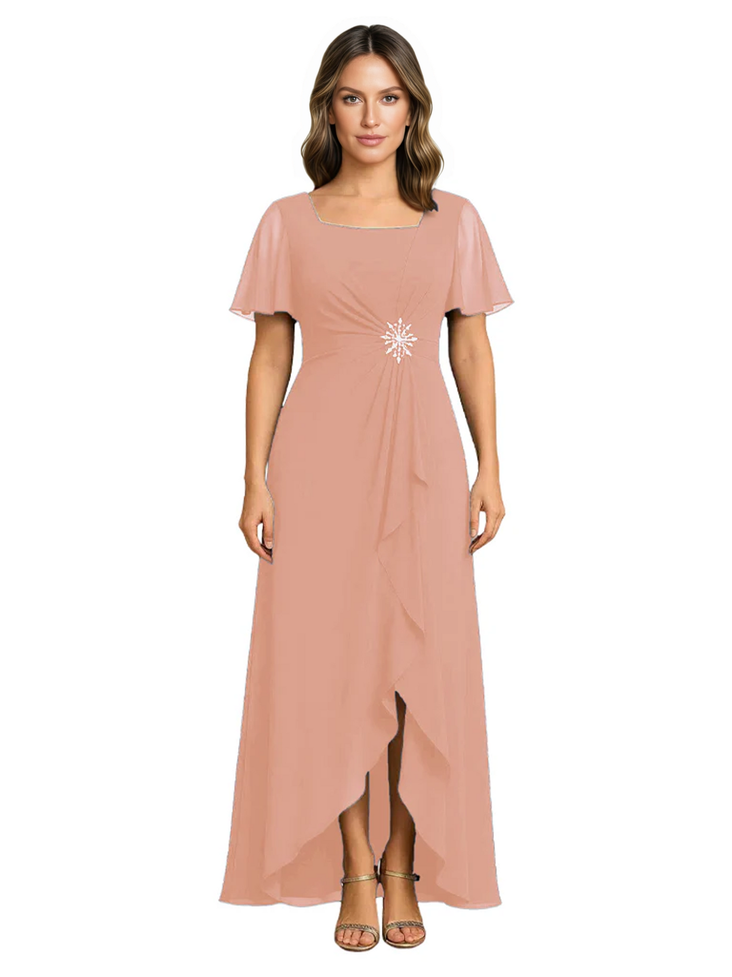 Formal High-Low Mother of the Bride Gown Sleeved Chiffon Maxi Dress Ruched Waist