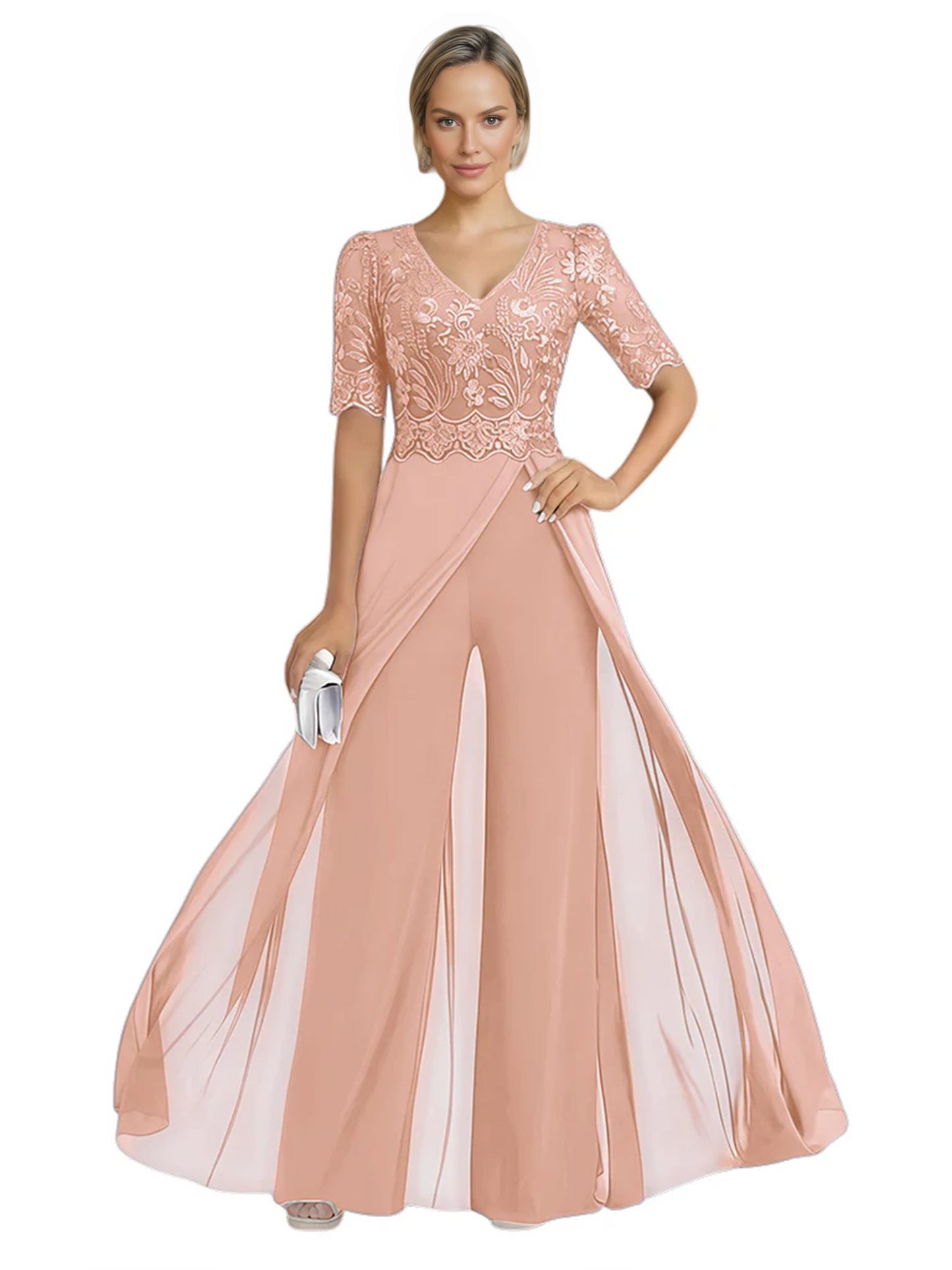 V-Neck Chiffon Mother of the Brides Jumpsuits Dresses Floor Length A-Line Lace