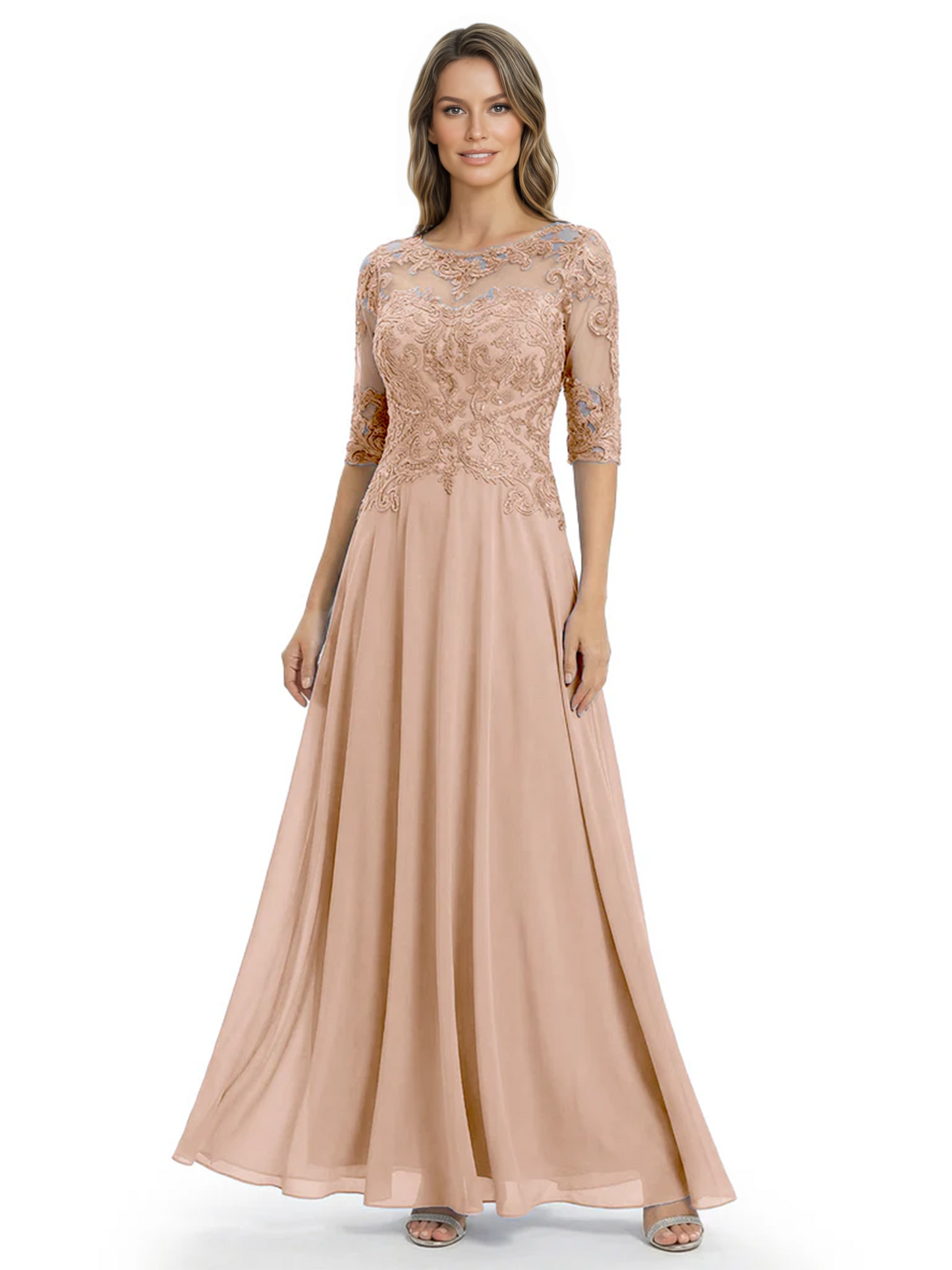 Illusion Neck Mother of the Bride Dress Half Sleeve Lace Applique Gowns Chiffon