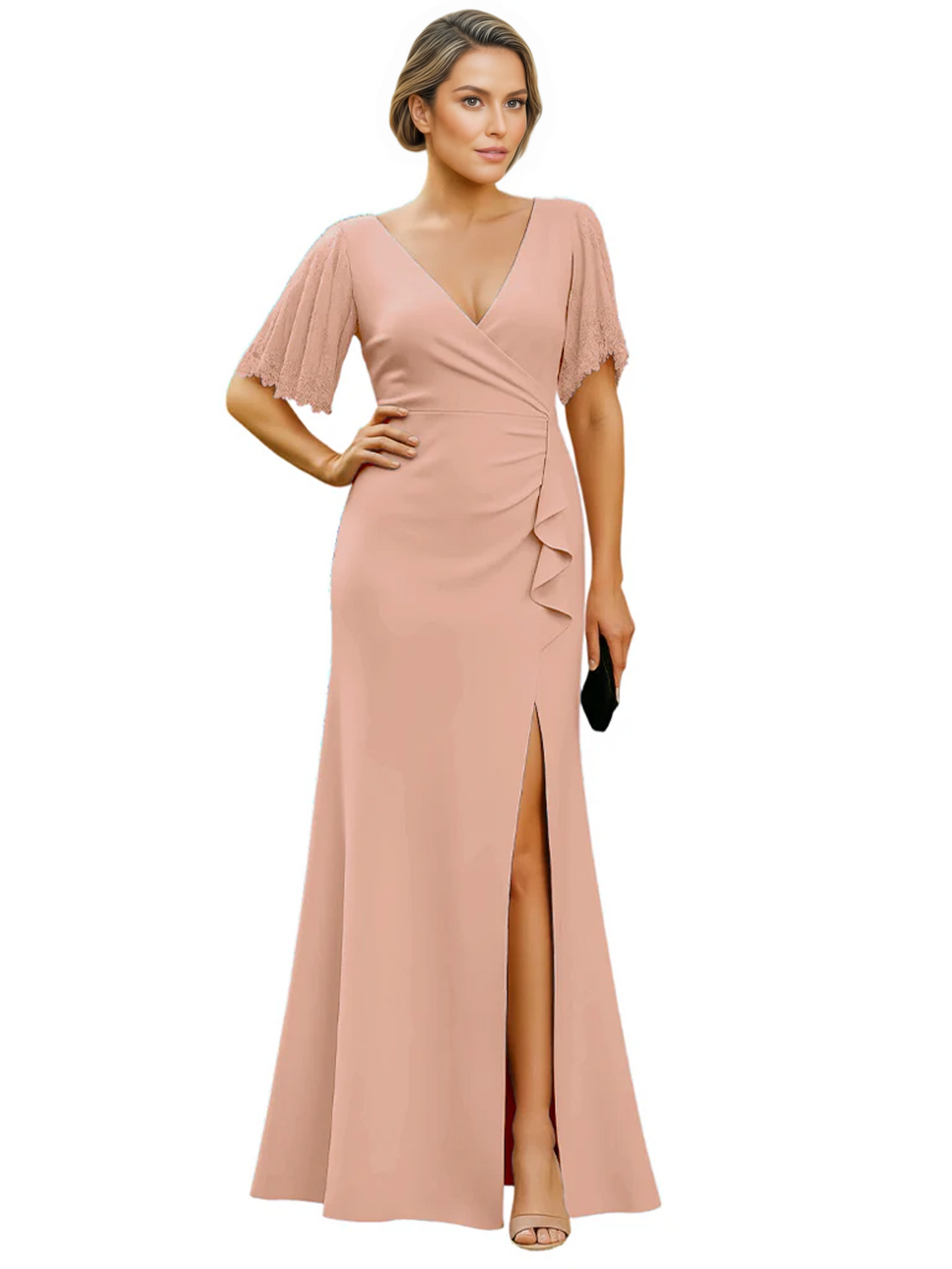 Elegant Evening Gown Trending V-Neck & Ruffle Detail Mother of Bride Outfits Slit