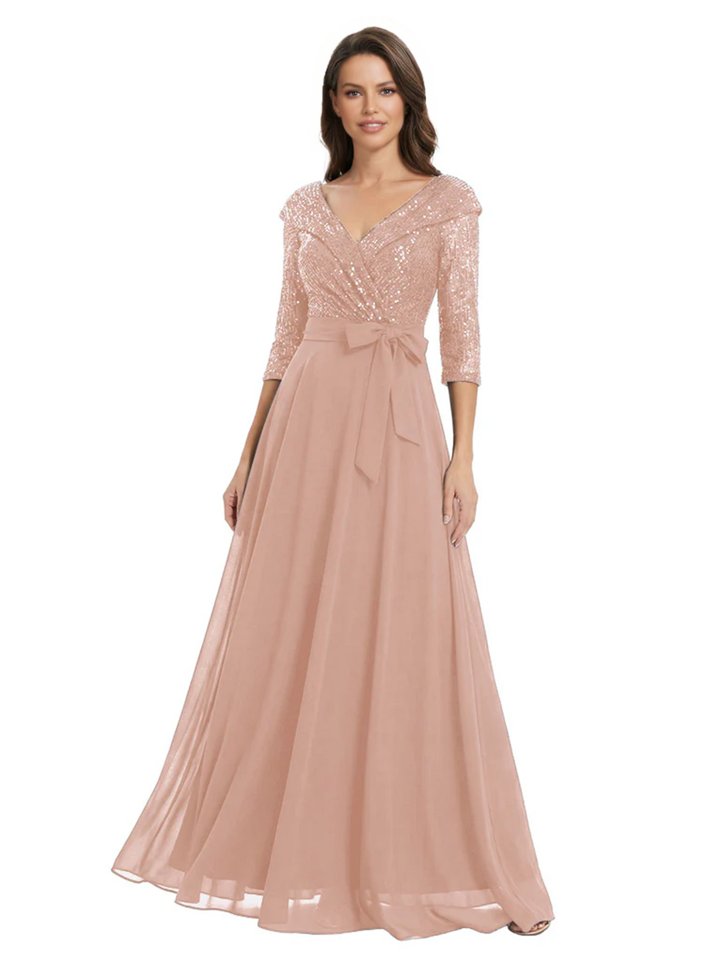 Chiffon Mother of the Bride Dress with Sequin V-Neck and Elegant Bow Sash