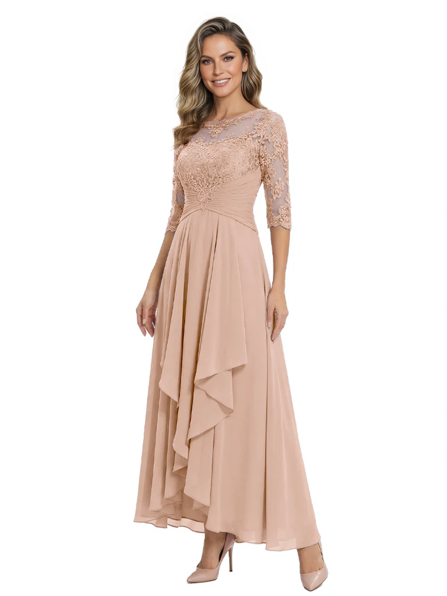 3/4 Sleeve Mother of the Bride Dress with Lace Embroidery High-Low Hem 2026