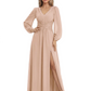 A-Line Mother of Bride Dress V-Neck Chiffon Gown Long Sleeves Slit Formal Dress