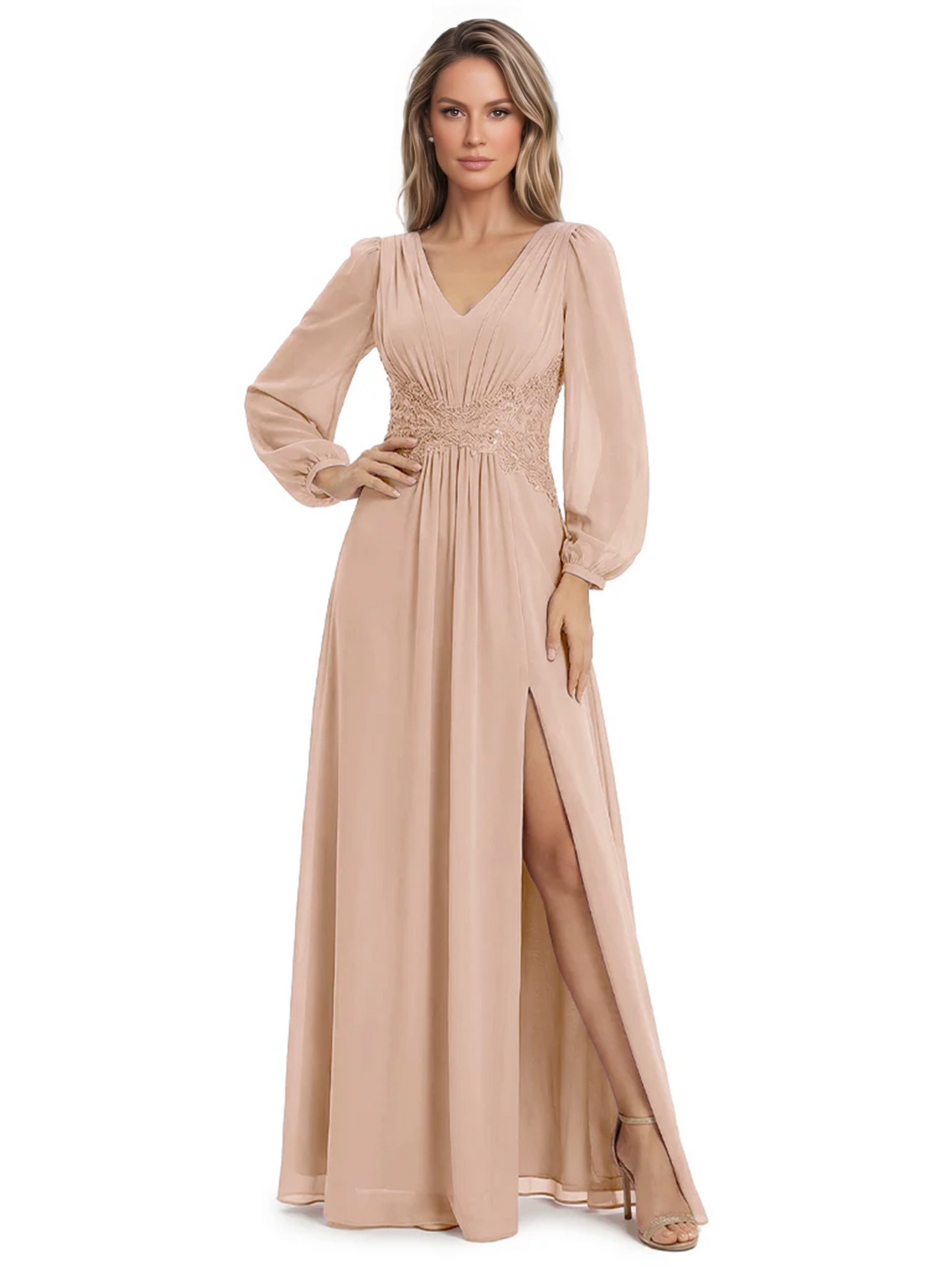 A-Line Mother of Bride Dress V-Neck Chiffon Gown Long Sleeves Slit Formal Dress