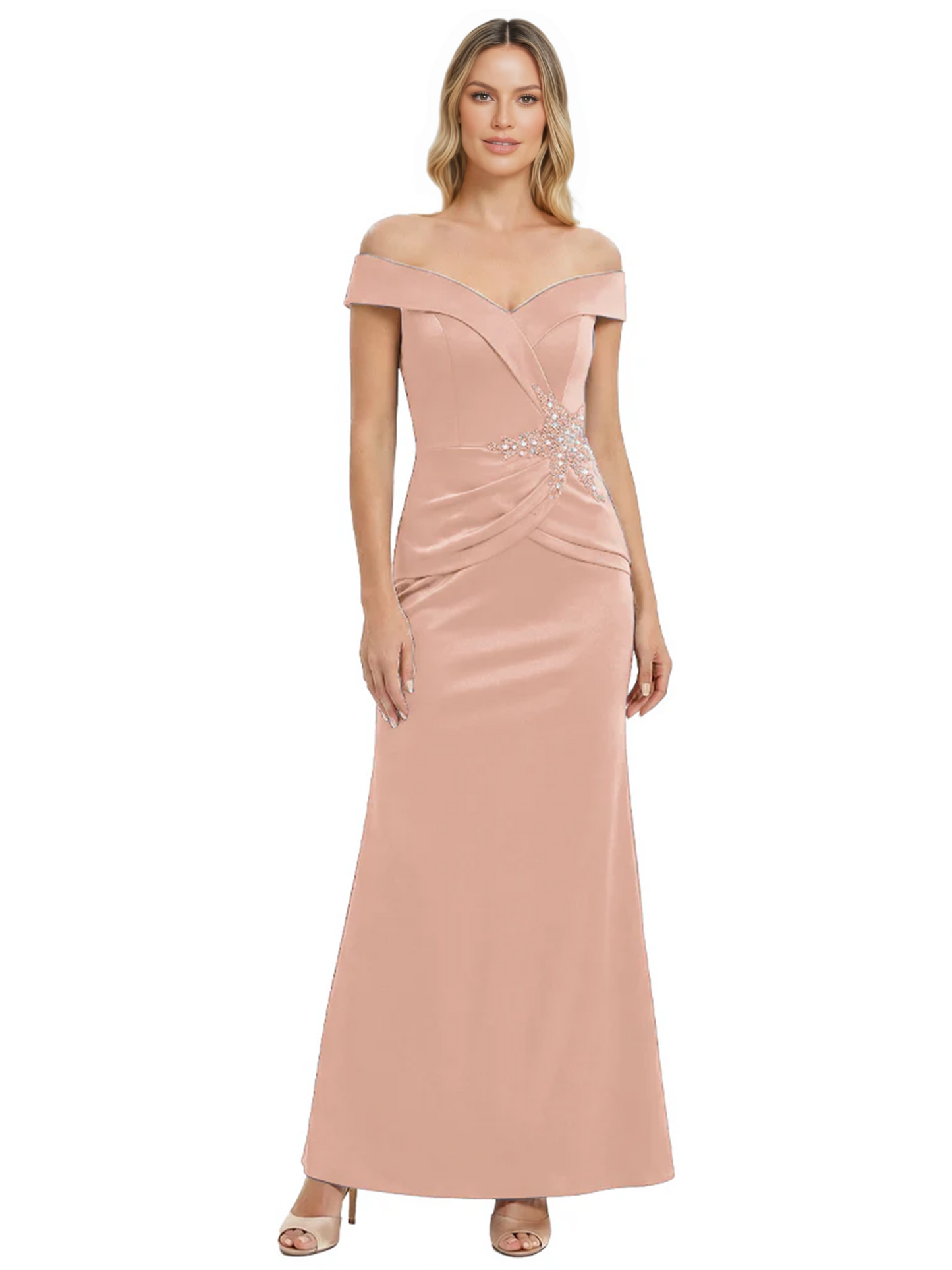 Off Shoulder Mother of the Bride Dress Beaded Waist Satin Gown Portrait Neckline