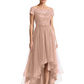 Formal High-Low Mother of the Bride Gown Short Sleeve Lace Maxi Dress with Tiered Skirt