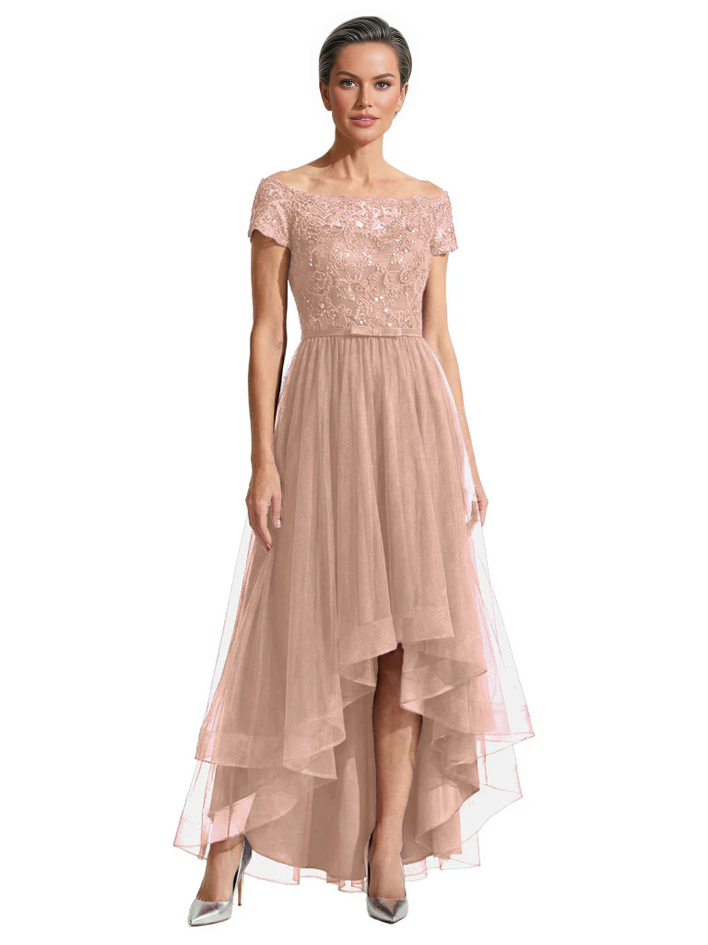 Formal High-Low Mother of the Bride Gown Short Sleeve Lace Maxi Dress with Tiered Skirt